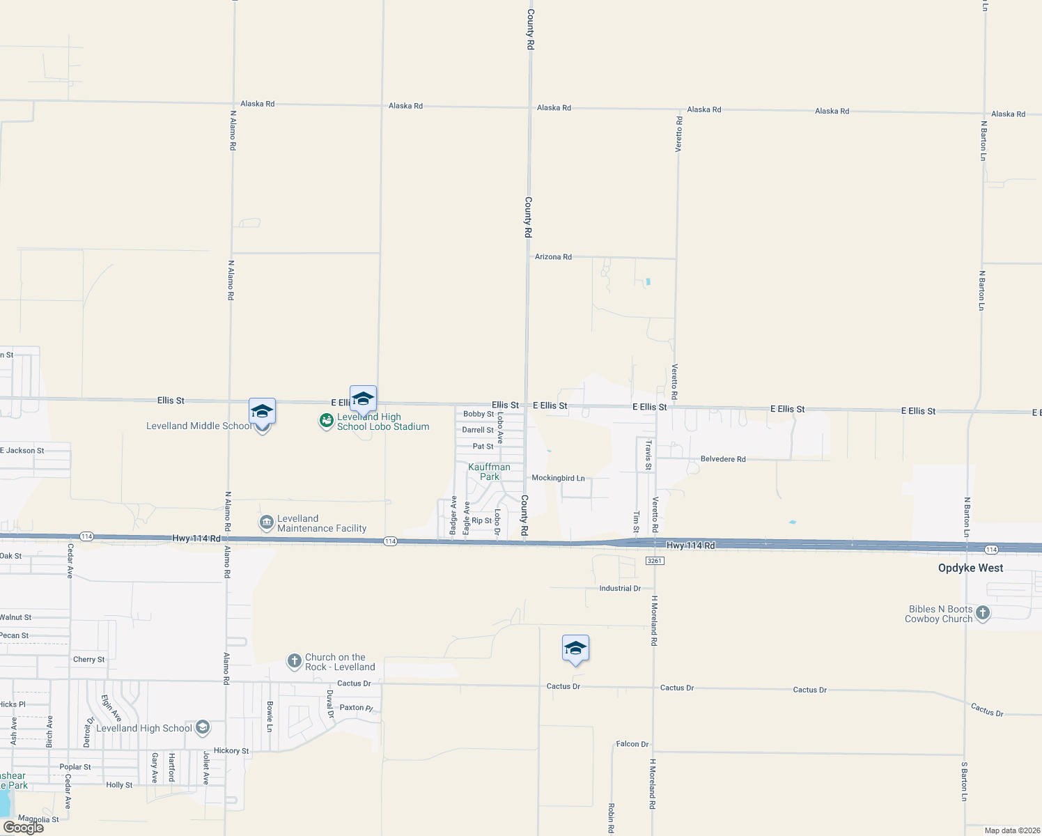 map of restaurants, bars, coffee shops, grocery stores, and more near 102 Bobby Street in Levelland
