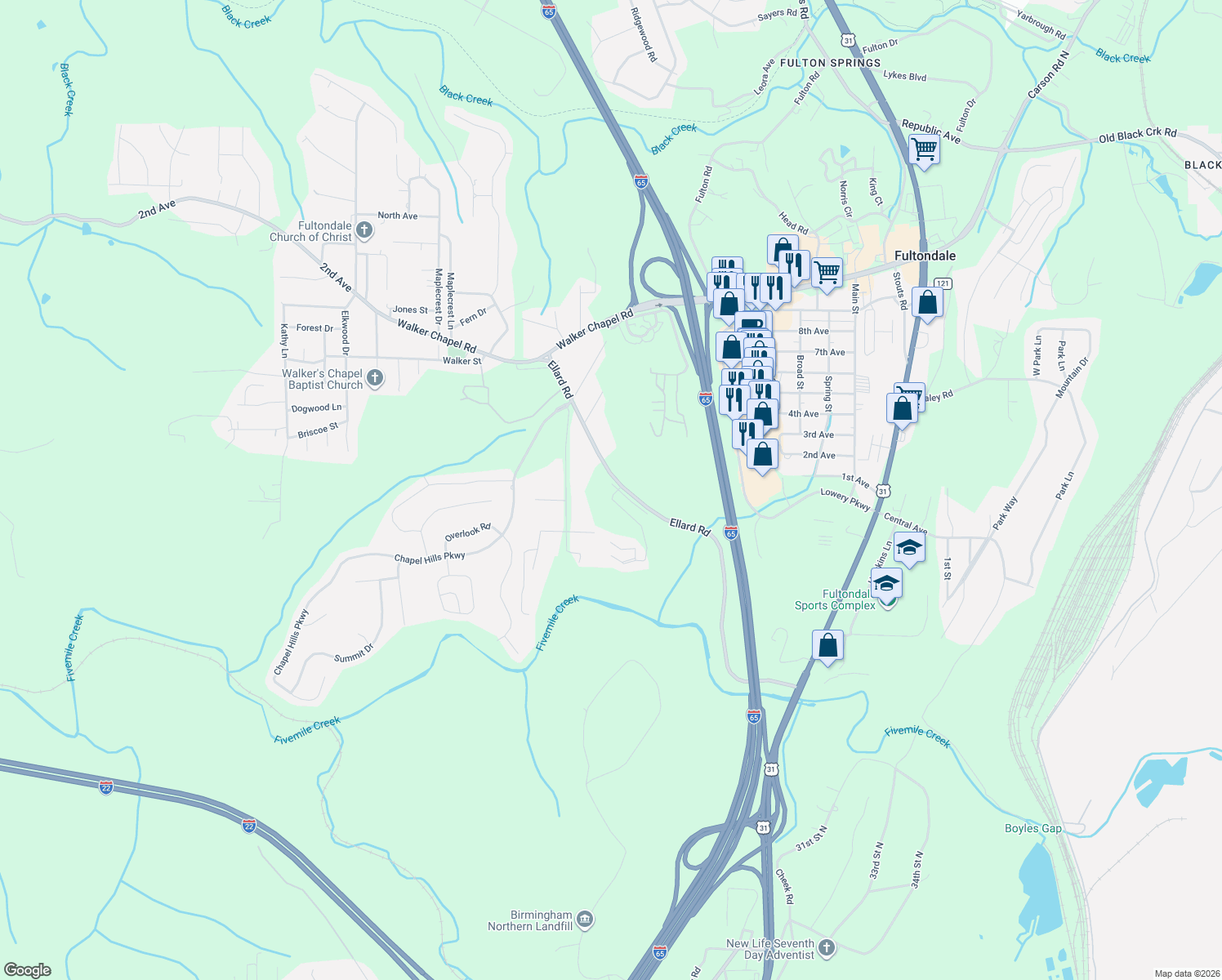 map of restaurants, bars, coffee shops, grocery stores, and more near 51 Chapel Creek Lane in Fultondale