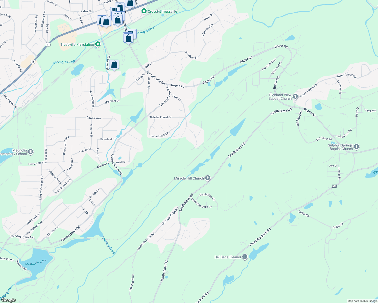 map of restaurants, bars, coffee shops, grocery stores, and more near 6721 Clark Road in Trussville