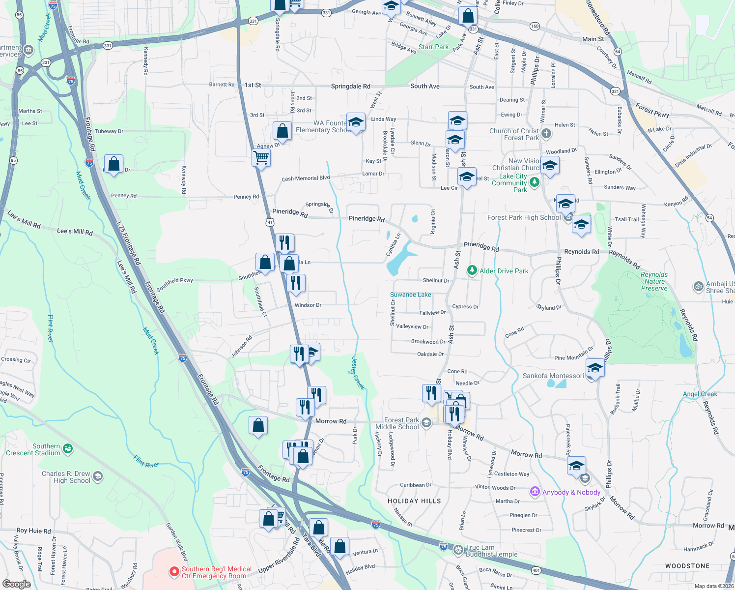map of restaurants, bars, coffee shops, grocery stores, and more near 562 Windsor Dr in Forest Park