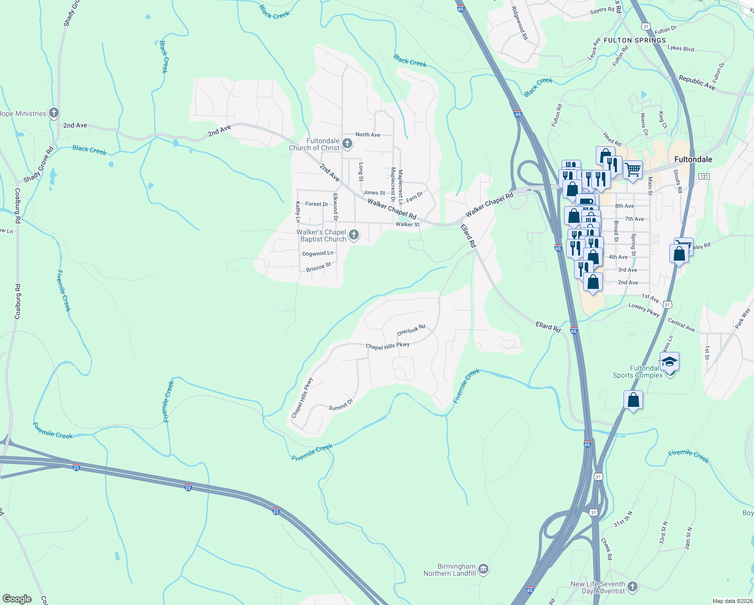 map of restaurants, bars, coffee shops, grocery stores, and more near 302 Chapel Hill Trail in Fultondale