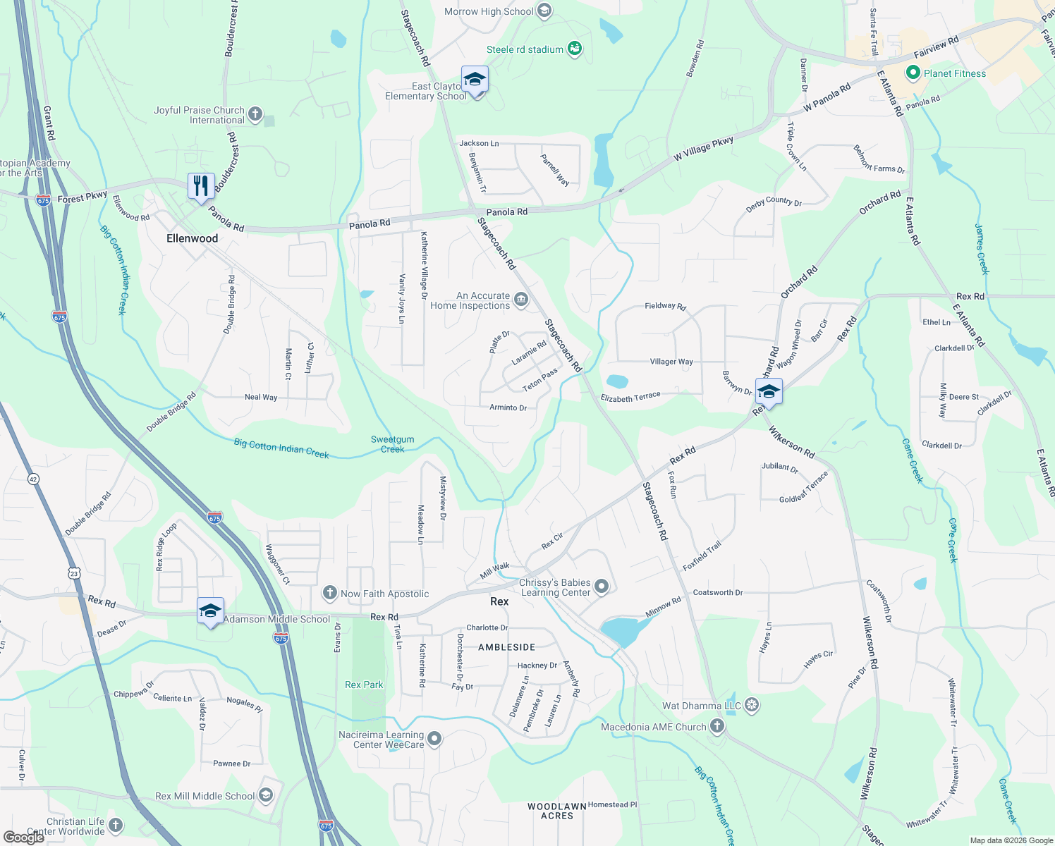map of restaurants, bars, coffee shops, grocery stores, and more near 5673 Platte Dr in Ellenwood