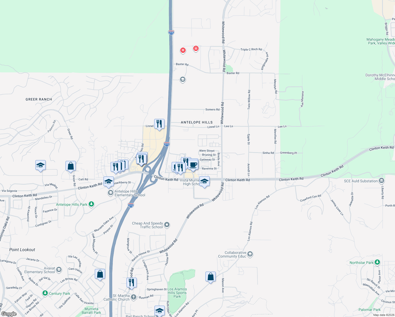 map of restaurants, bars, coffee shops, grocery stores, and more near 35731 Gatineau Street in Murrieta