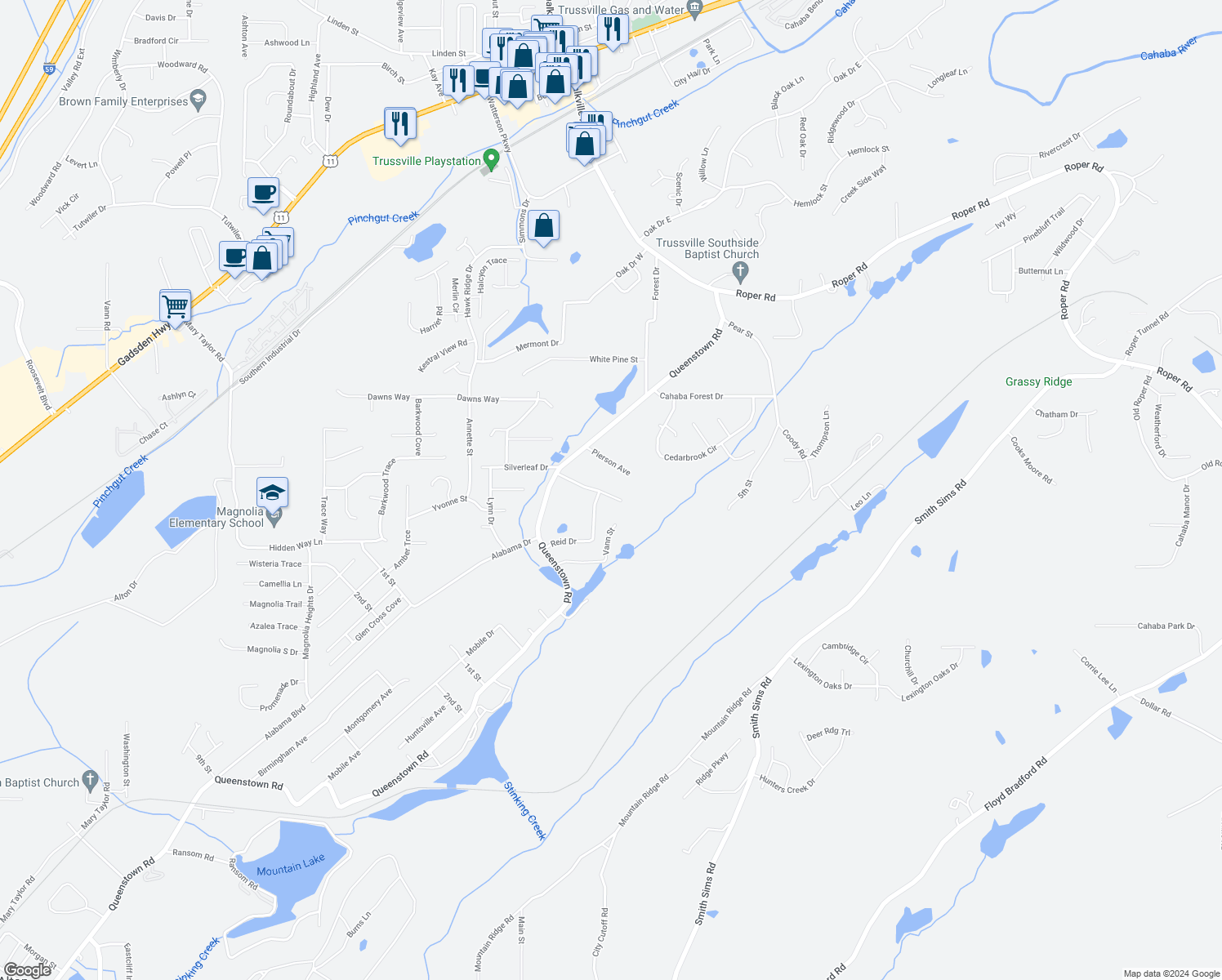 map of restaurants, bars, coffee shops, grocery stores, and more near 115 Cooper Avenue in Trussville