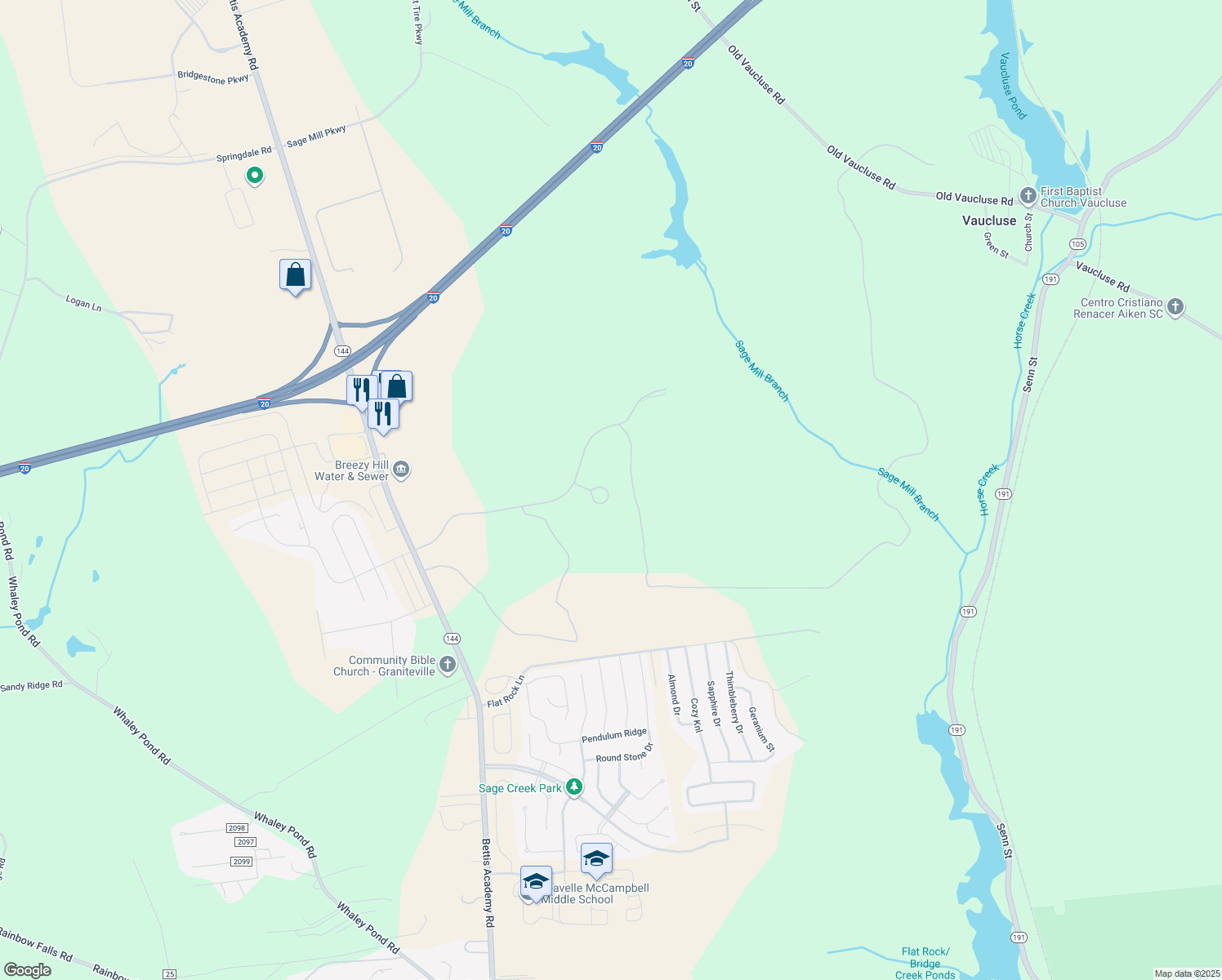 map of restaurants, bars, coffee shops, grocery stores, and more near 199 Sage Valley Drive in Graniteville