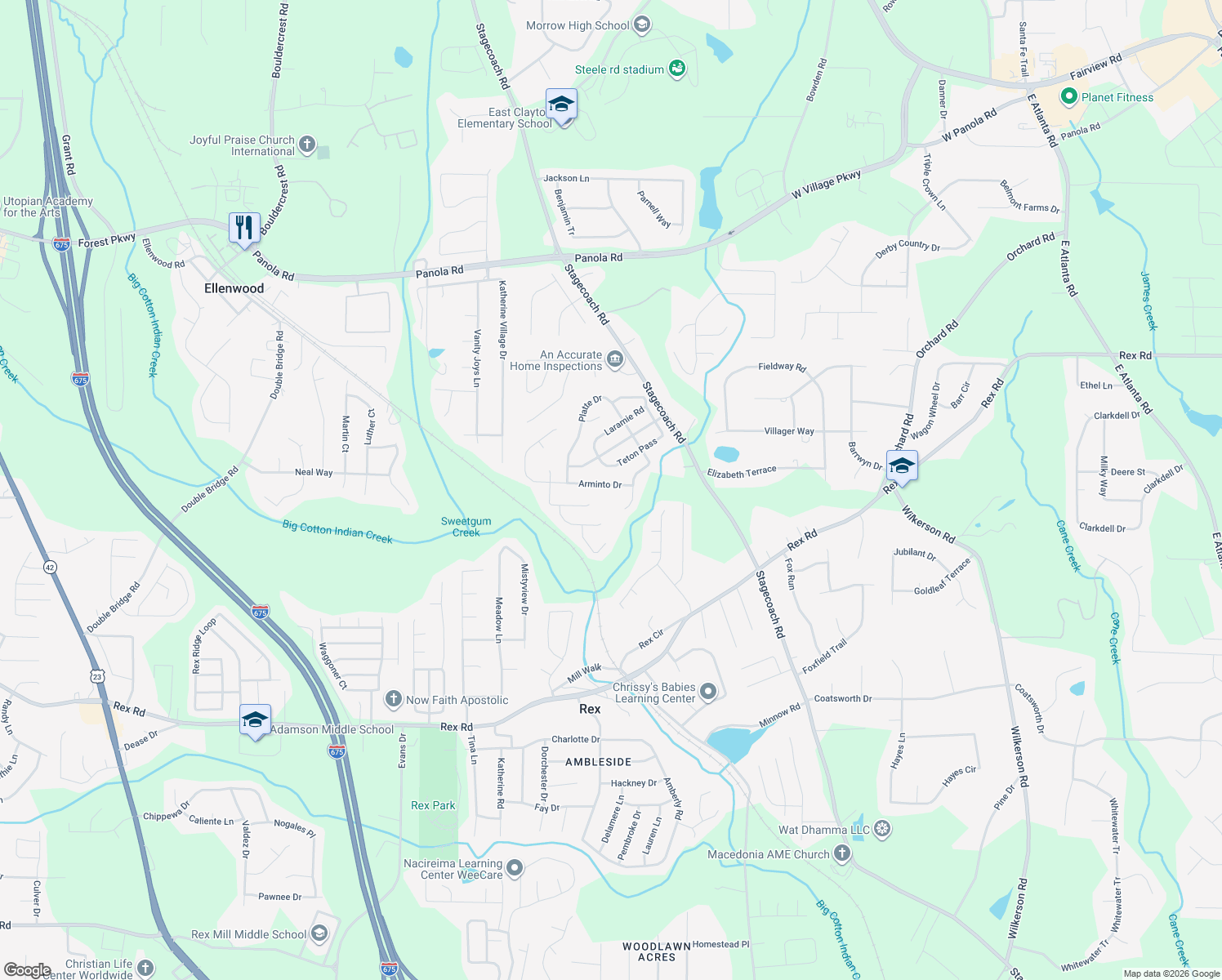 map of restaurants, bars, coffee shops, grocery stores, and more near 3735 Arminto Dr in Ellenwood