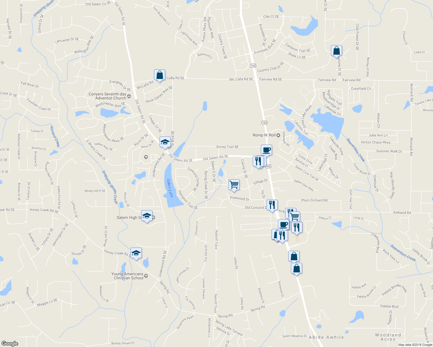 map of restaurants, bars, coffee shops, grocery stores, and more near 3346 Salem East Drive Southeast in Conyers