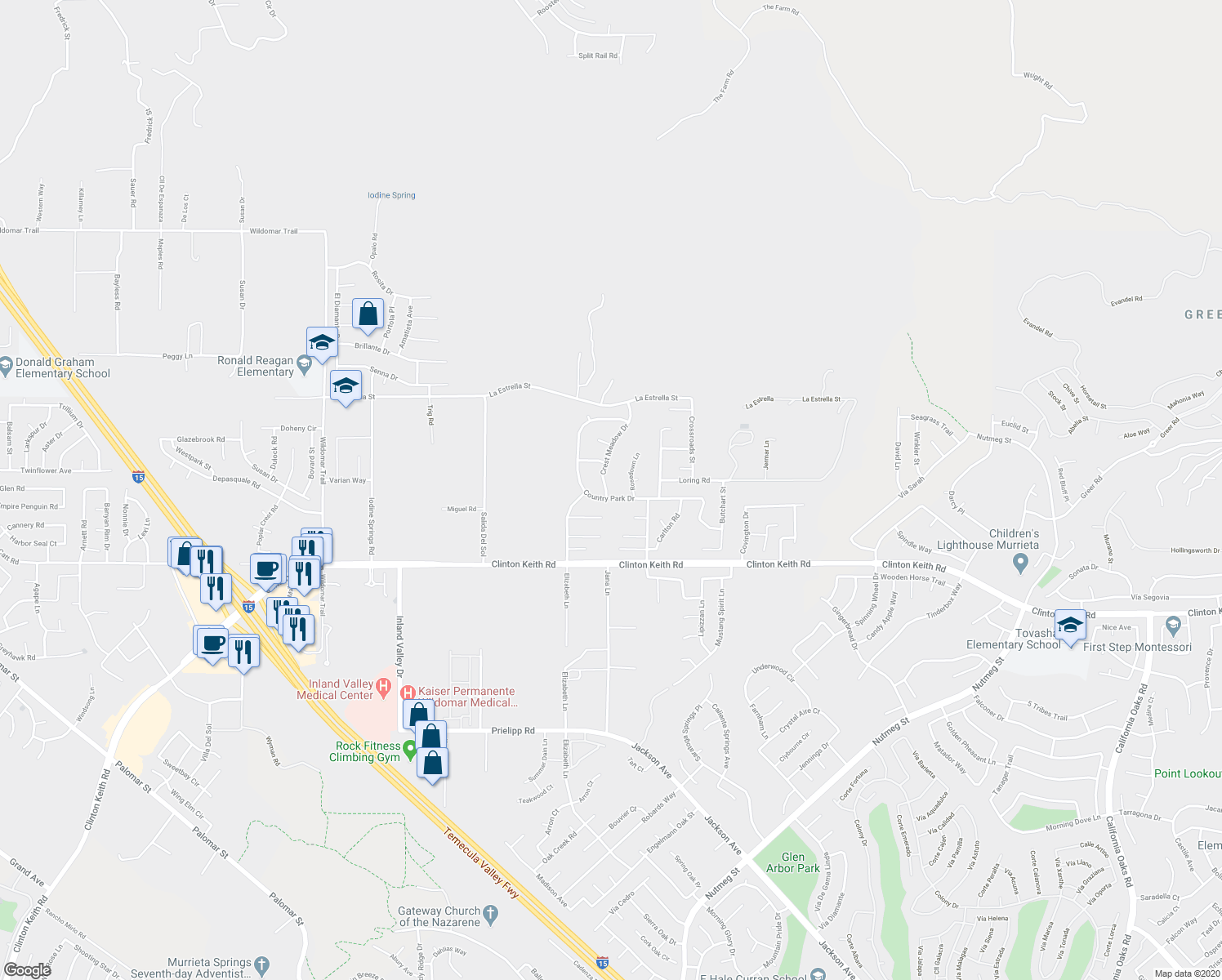 map of restaurants, bars, coffee shops, grocery stores, and more near 35778 Crest Meadow Drive in Wildomar