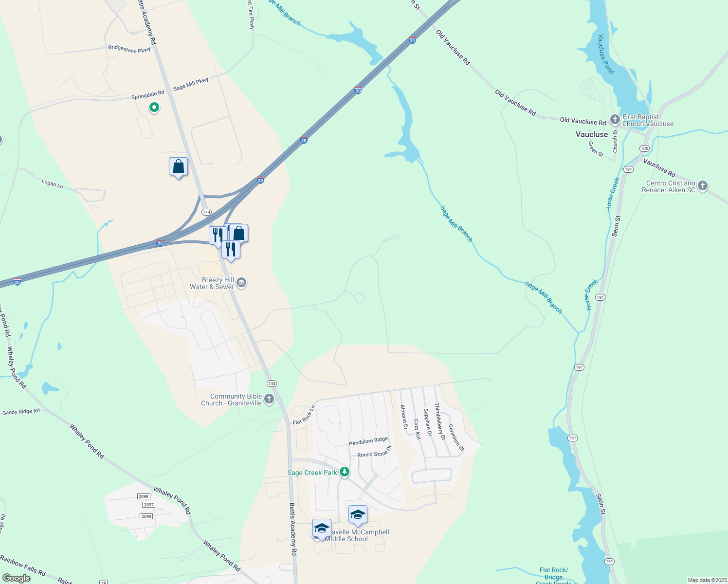 map of restaurants, bars, coffee shops, grocery stores, and more near 199 Sage Valley Drive in Graniteville