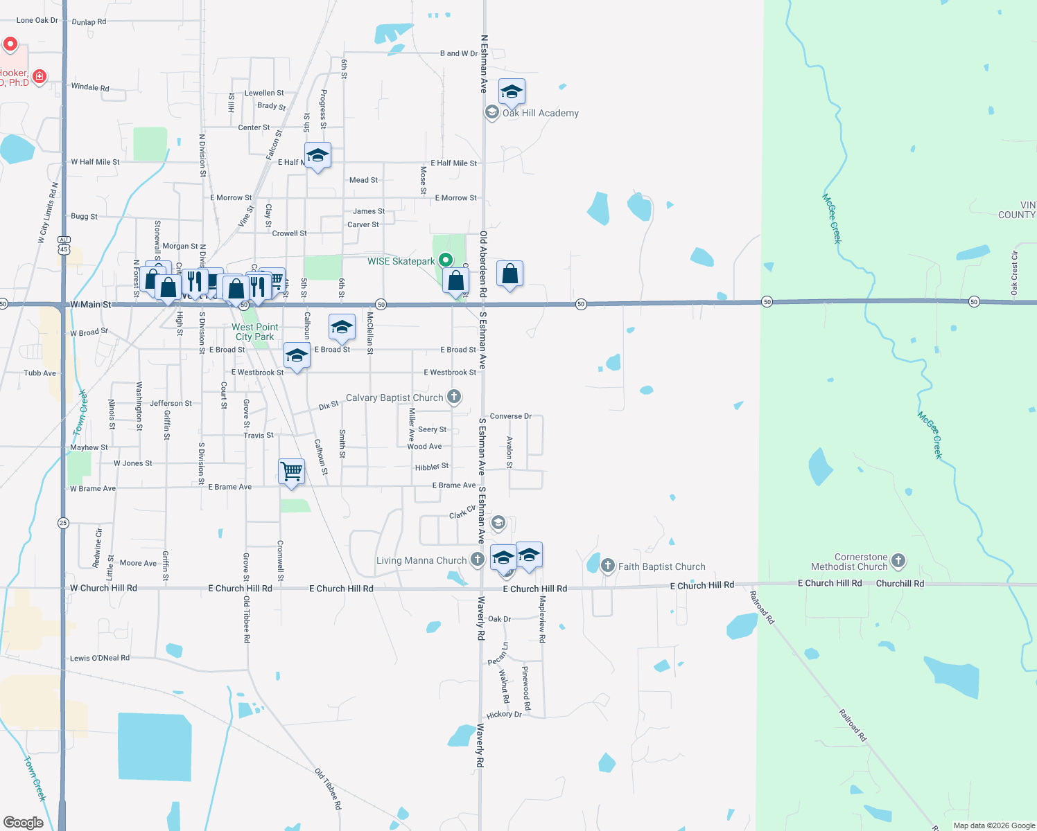 map of restaurants, bars, coffee shops, grocery stores, and more near Converse Drive in West Point