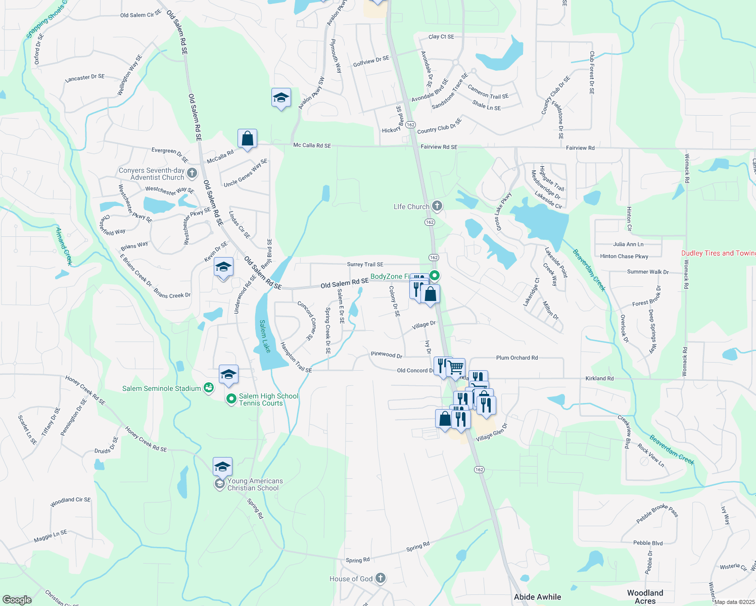 map of restaurants, bars, coffee shops, grocery stores, and more near 2101 Tony Court Southeast in Conyers