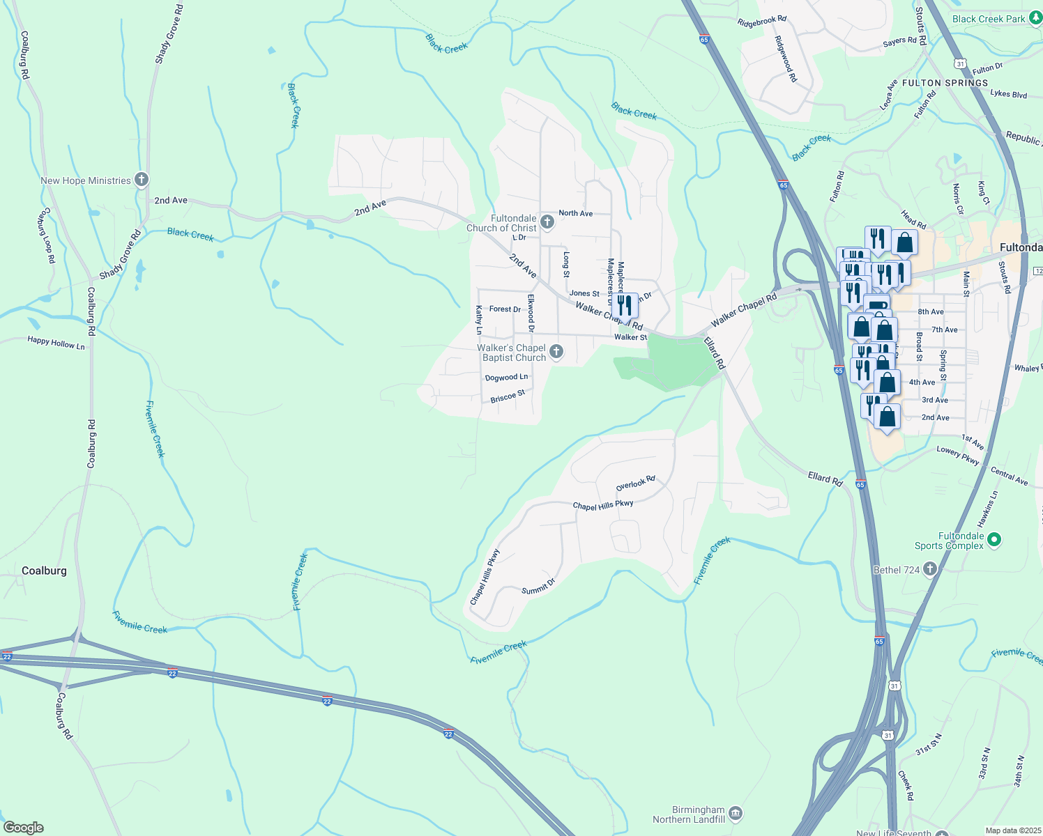 map of restaurants, bars, coffee shops, grocery stores, and more near 1509 Elkwood Drive in Coalburg