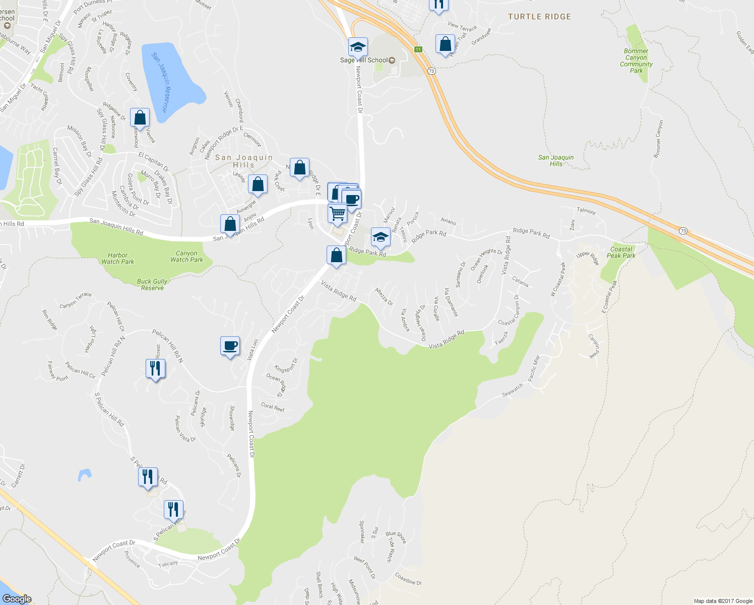 map of restaurants, bars, coffee shops, grocery stores, and more near 37 Terraza Drive in Newport Beach