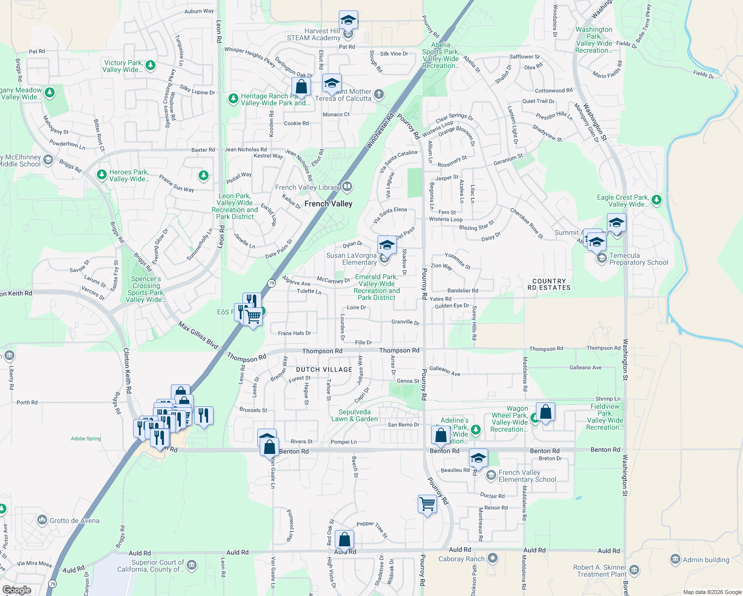 map of restaurants, bars, coffee shops, grocery stores, and more near 31751 Emerald Drive in Winchester