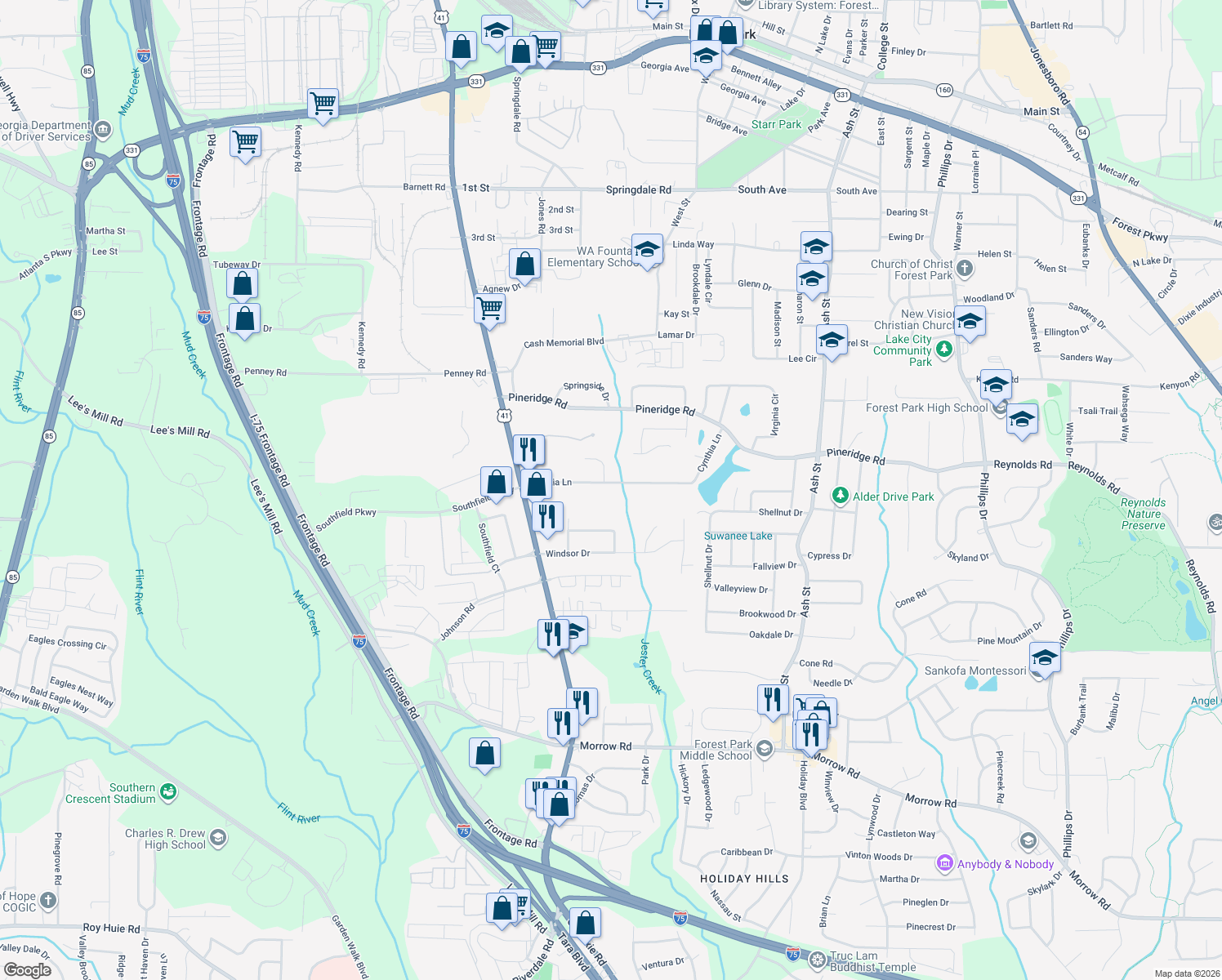 map of restaurants, bars, coffee shops, grocery stores, and more near 459 Cynthia Ln in Forest Park