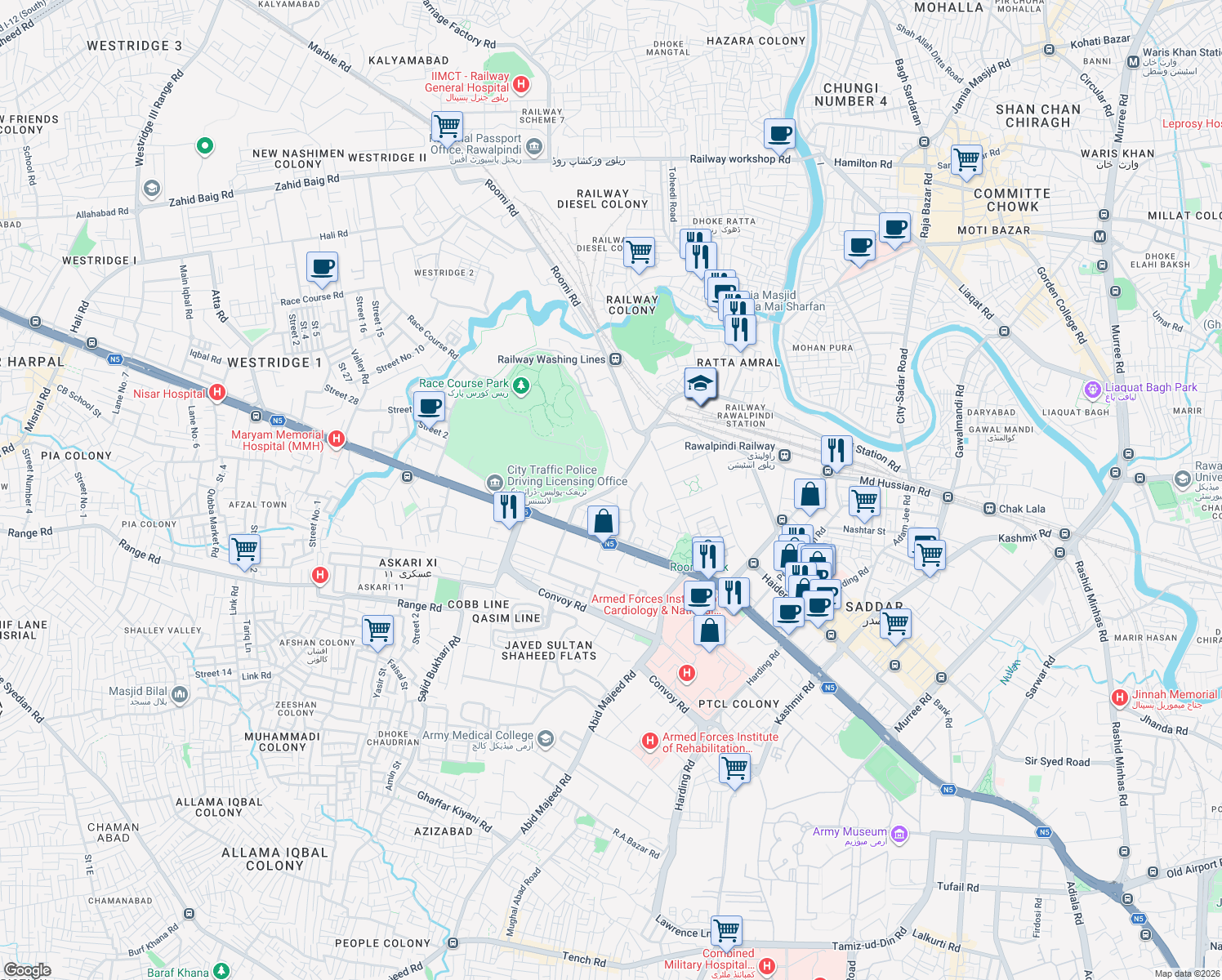 map of restaurants, bars, coffee shops, grocery stores, and more near Raja Akram Road in Rawalpindi