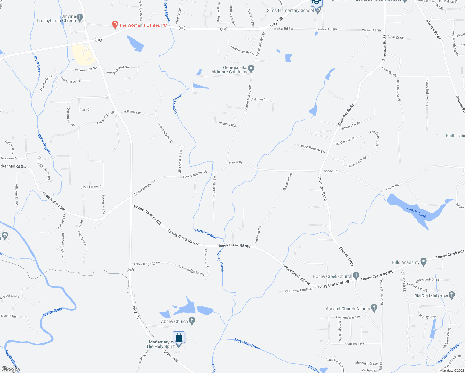 map of restaurants, bars, coffee shops, grocery stores, and more near 2470 Tucker Mill Road Southwest in Conyers