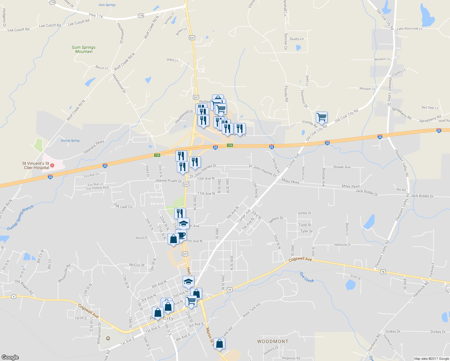 map of restaurants, bars, coffee shops, grocery stores, and more near 2816 12th Avenue North in Pell City
