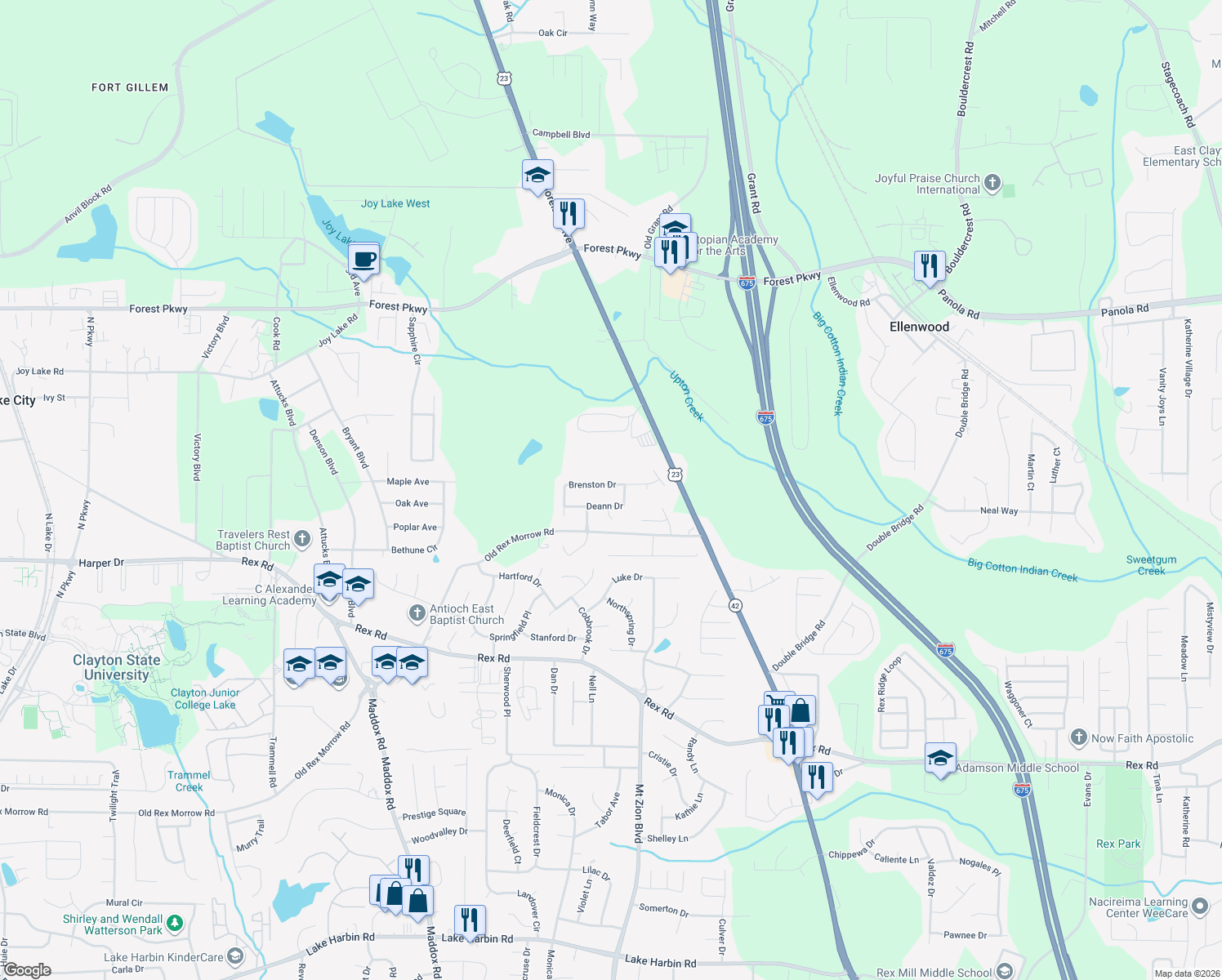 map of restaurants, bars, coffee shops, grocery stores, and more near 2647 Brenston Drive in Ellenwood