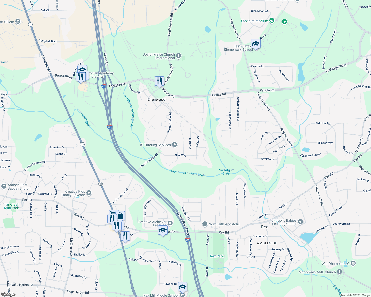 map of restaurants, bars, coffee shops, grocery stores, and more near 5578 Swanson Road in Ellenwood