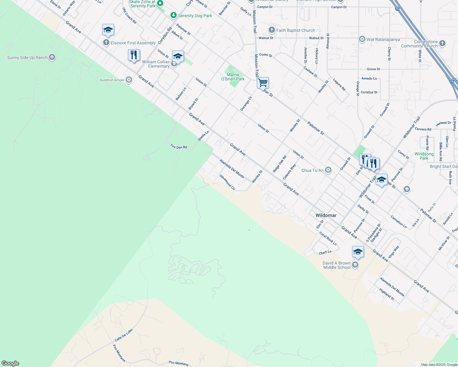 map of restaurants, bars, coffee shops, grocery stores, and more near 20775 Olivewood Circle in Wildomar