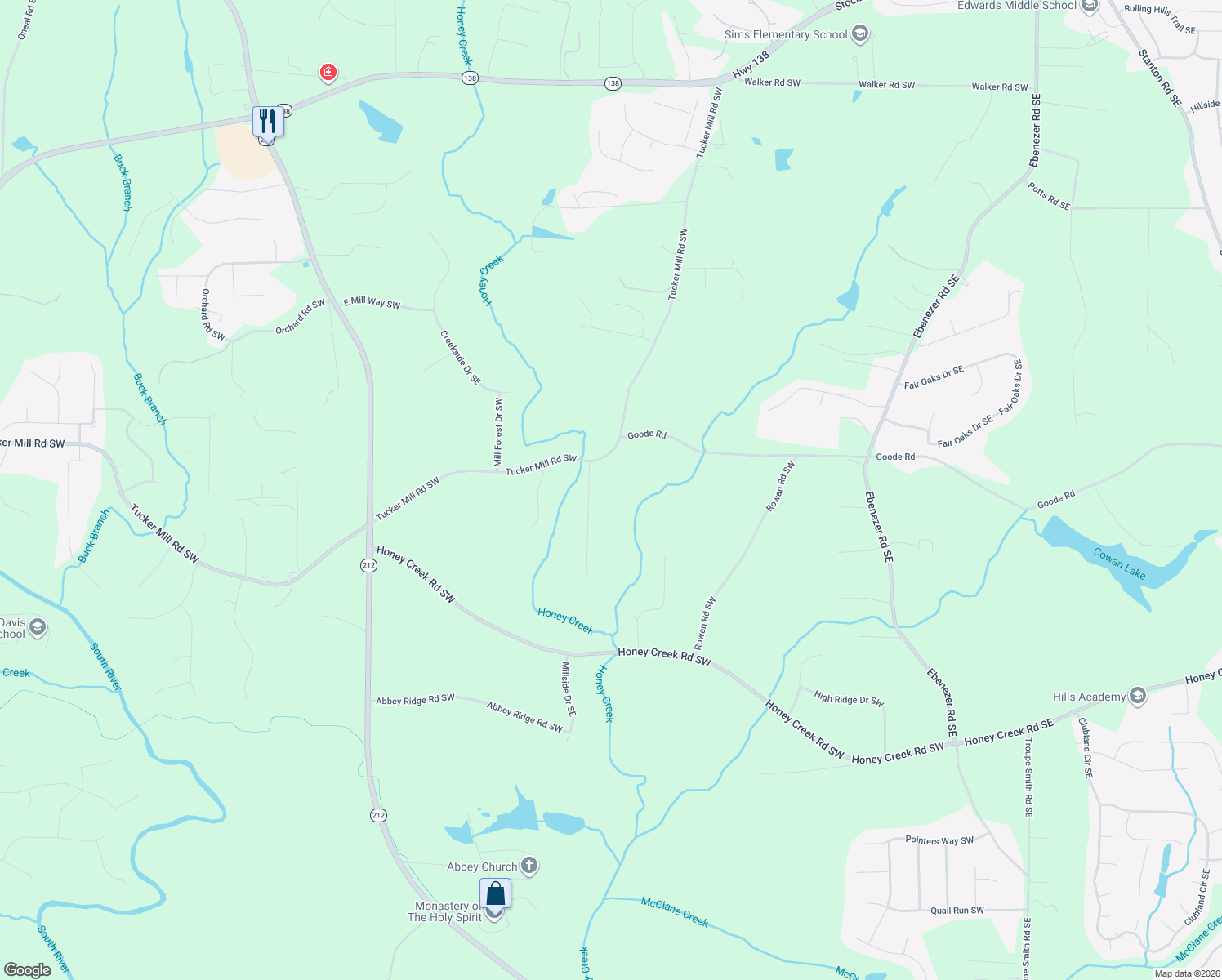 map of restaurants, bars, coffee shops, grocery stores, and more near 2500 Tucker Mill Road Southwest in Conyers
