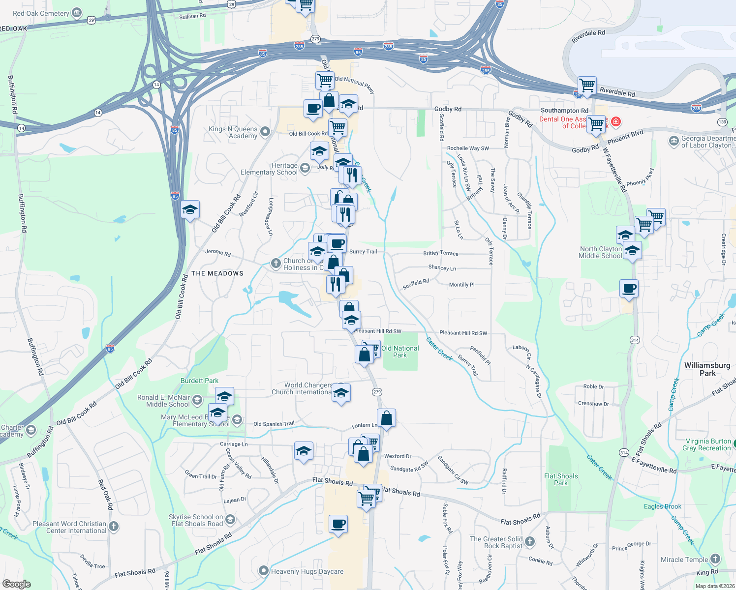 map of restaurants, bars, coffee shops, grocery stores, and more near 555 Willow Ash Drive in Atlanta