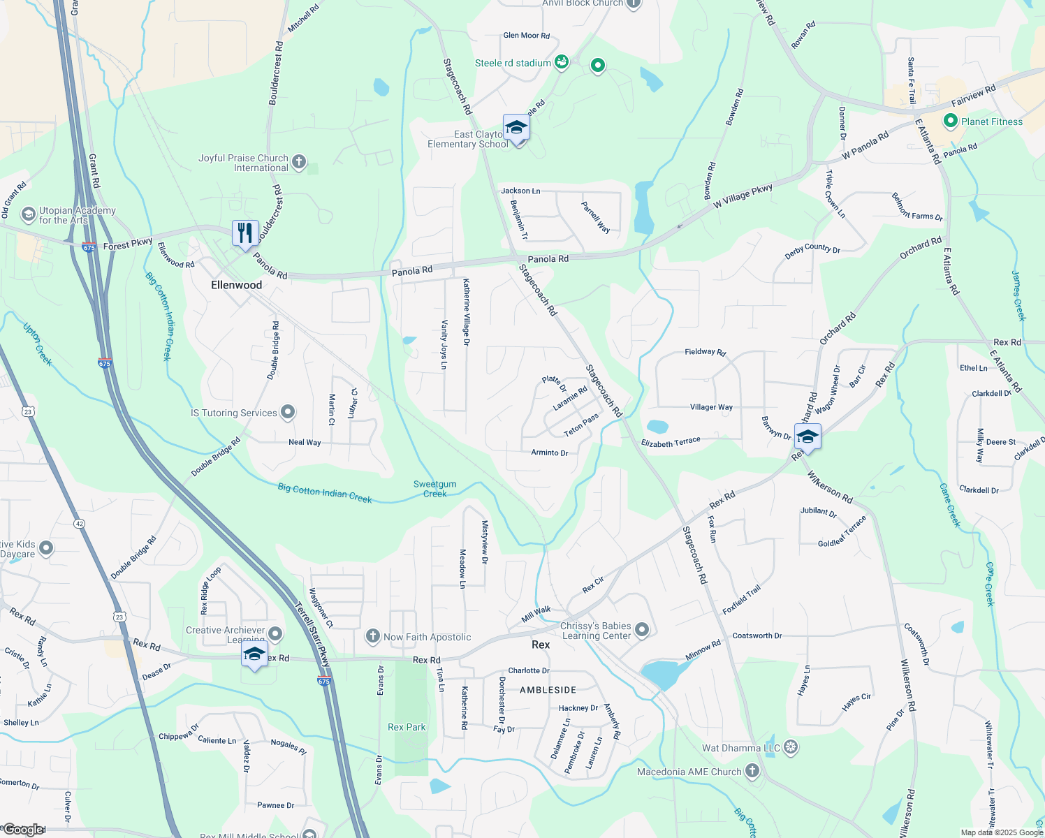 map of restaurants, bars, coffee shops, grocery stores, and more near 5486 Platte Drive in Ellenwood