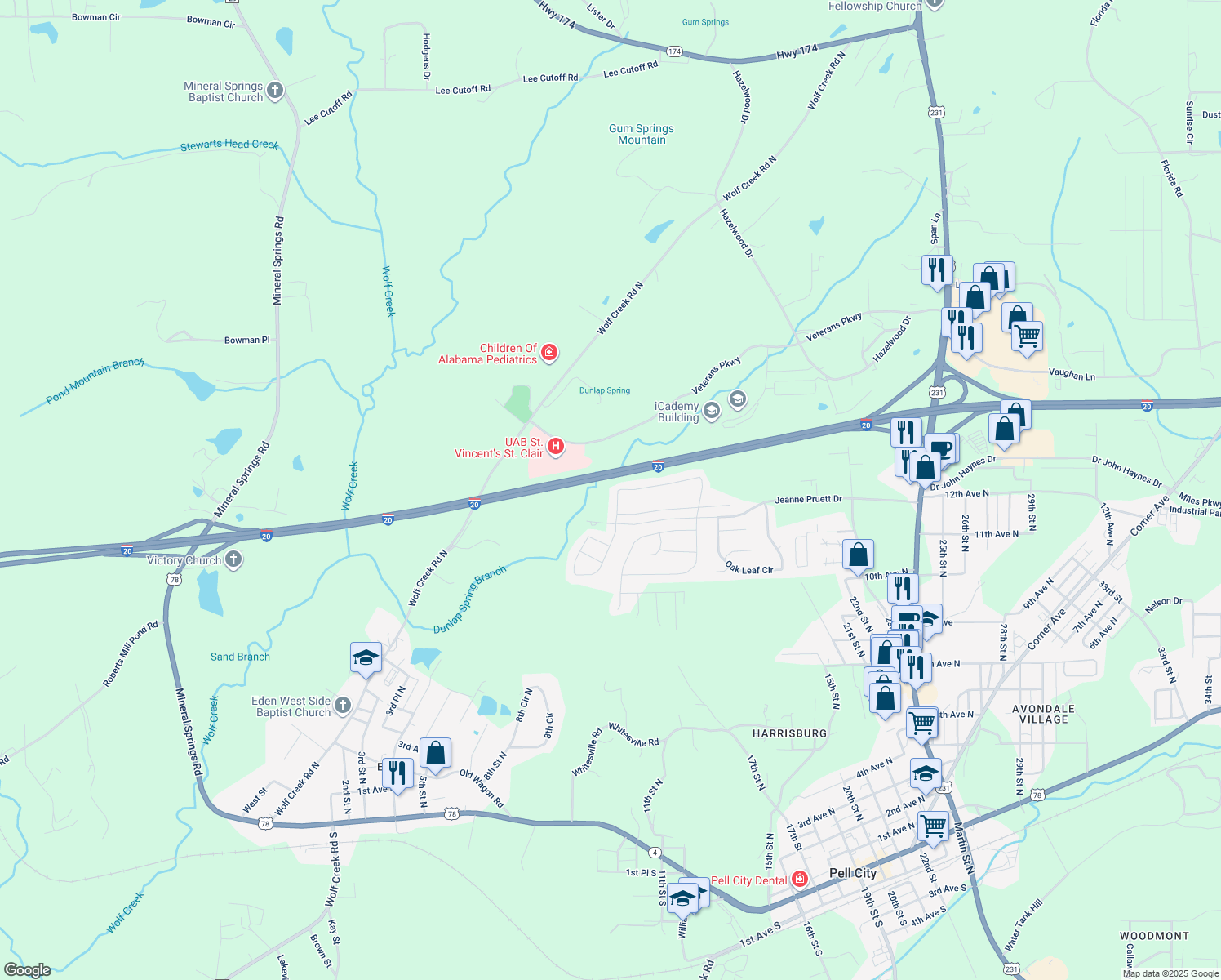 map of restaurants, bars, coffee shops, grocery stores, and more near 185 Fox Run Circle in Pell City