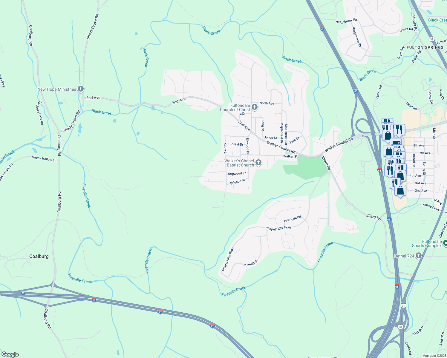 map of restaurants, bars, coffee shops, grocery stores, and more near 1513 Kathy Ln in Fultondale