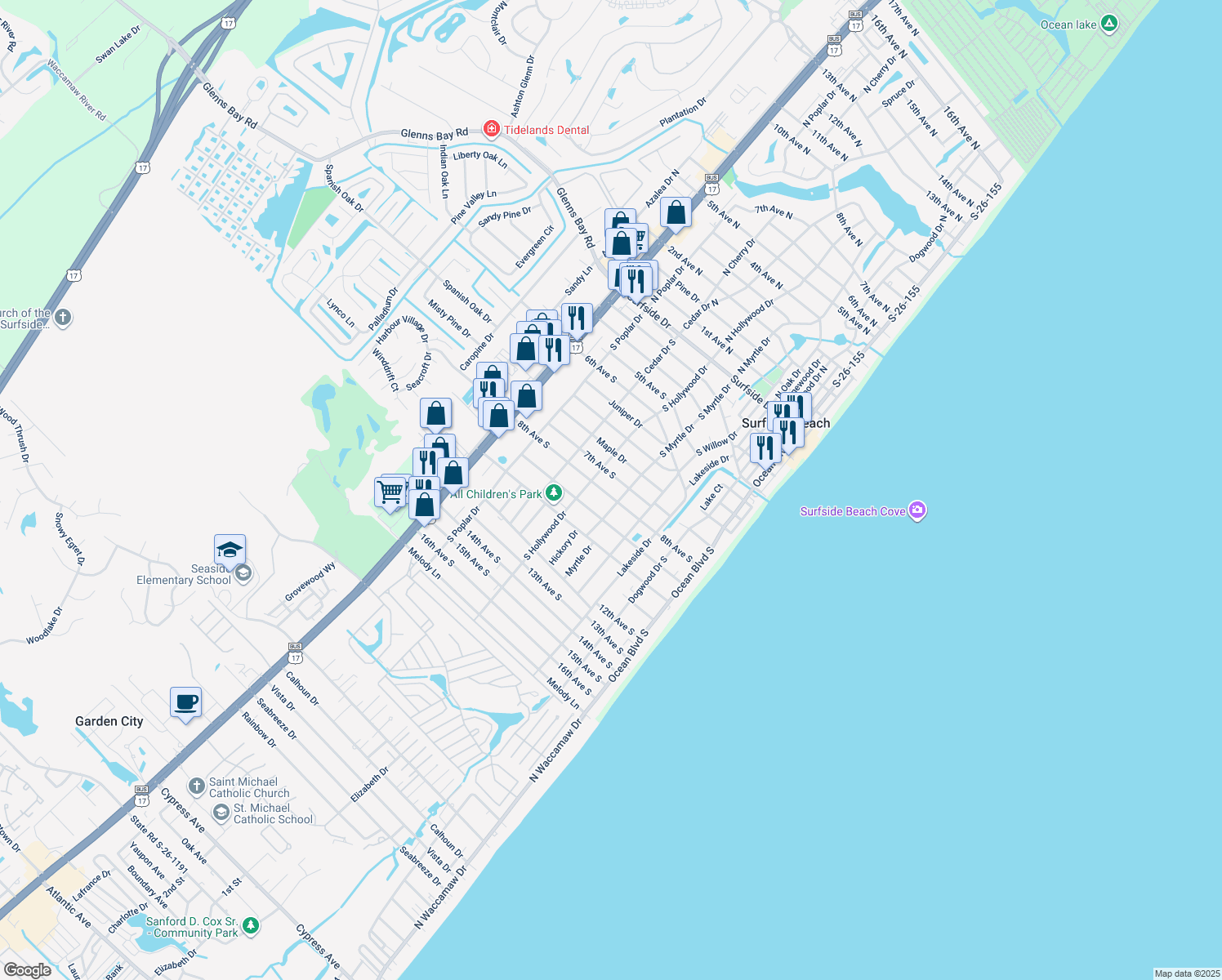 map of restaurants, bars, coffee shops, grocery stores, and more near 514 8th Avenue South in Surfside Beach