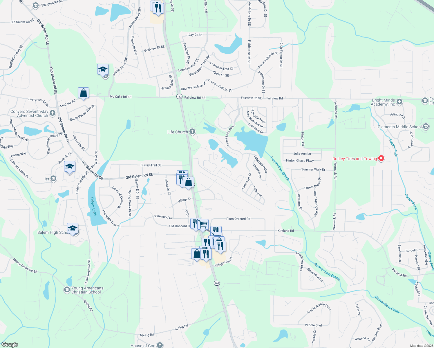 map of restaurants, bars, coffee shops, grocery stores, and more near 465 Barshay Dr in Covington