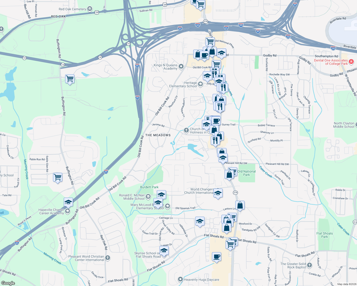 map of restaurants, bars, coffee shops, grocery stores, and more near 5772 3 Lakes Dr in College Park