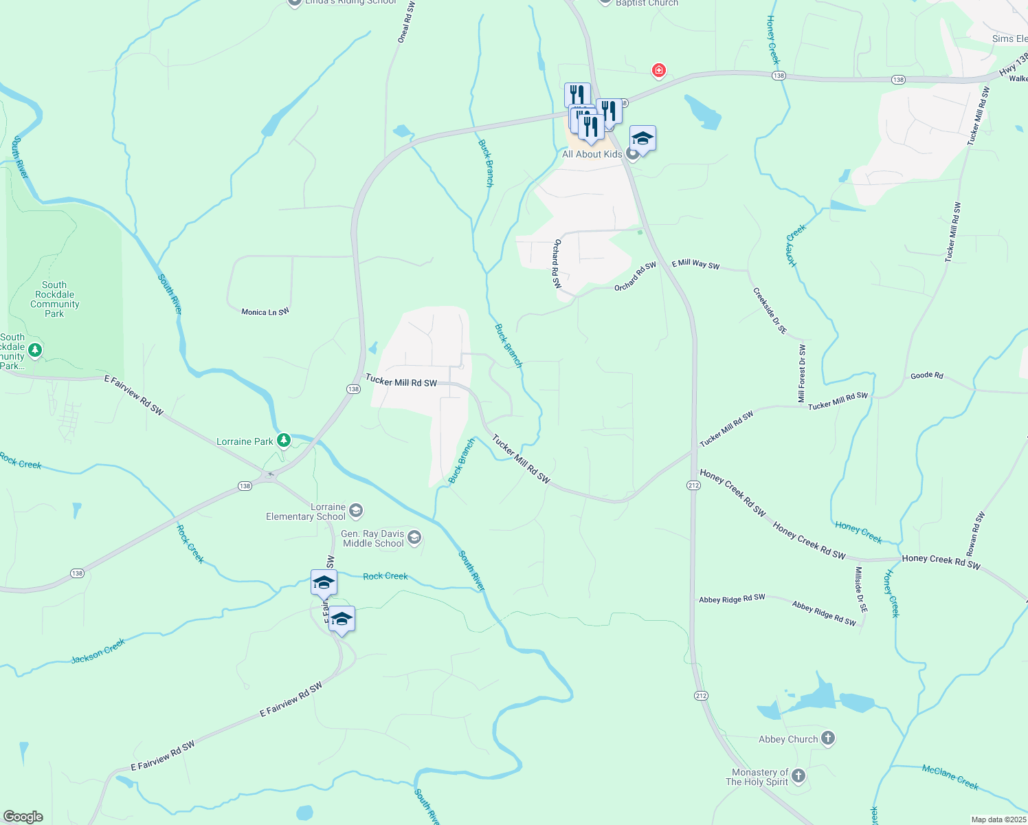 map of restaurants, bars, coffee shops, grocery stores, and more near 3206 Letha Woods Drive Southwest in Conyers