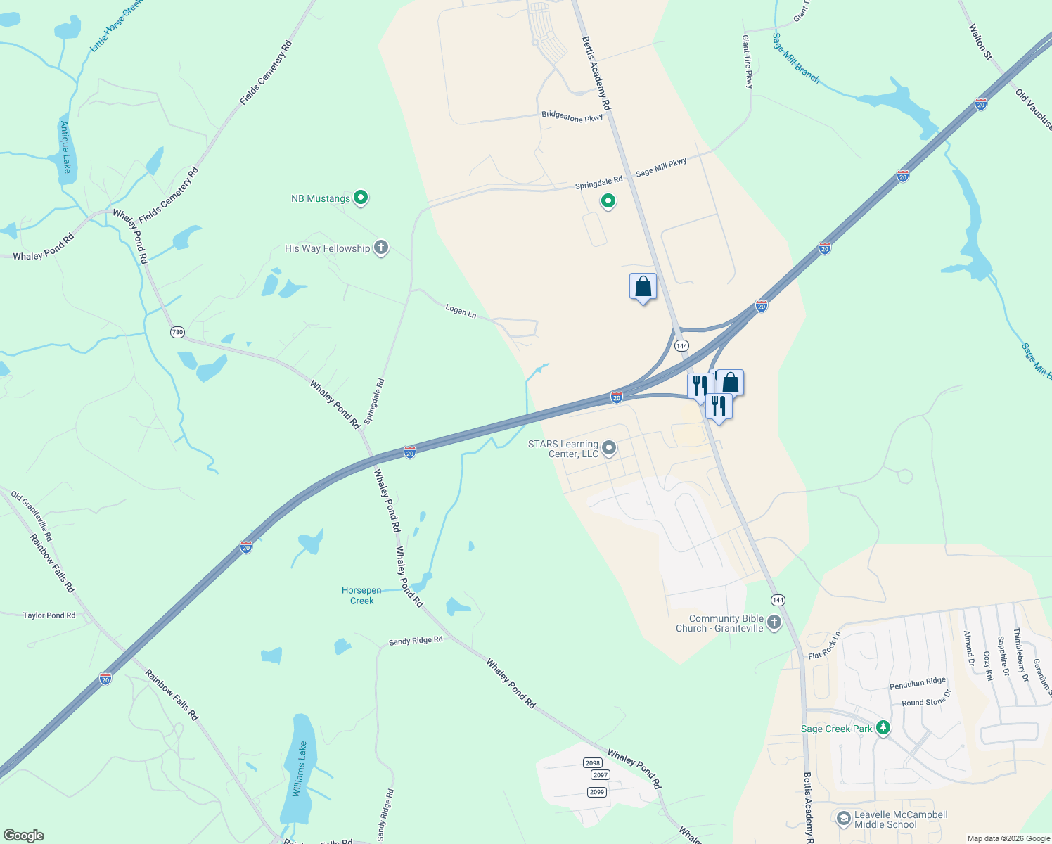 map of restaurants, bars, coffee shops, grocery stores, and more near Interstate 20 in Graniteville