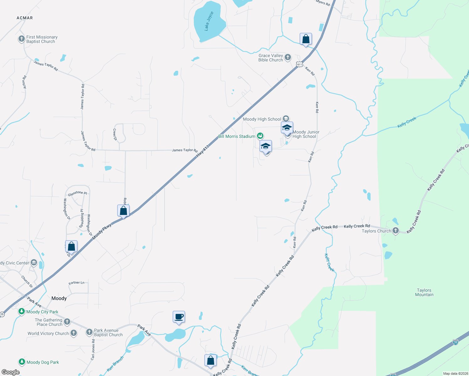 map of restaurants, bars, coffee shops, grocery stores, and more near in Moody