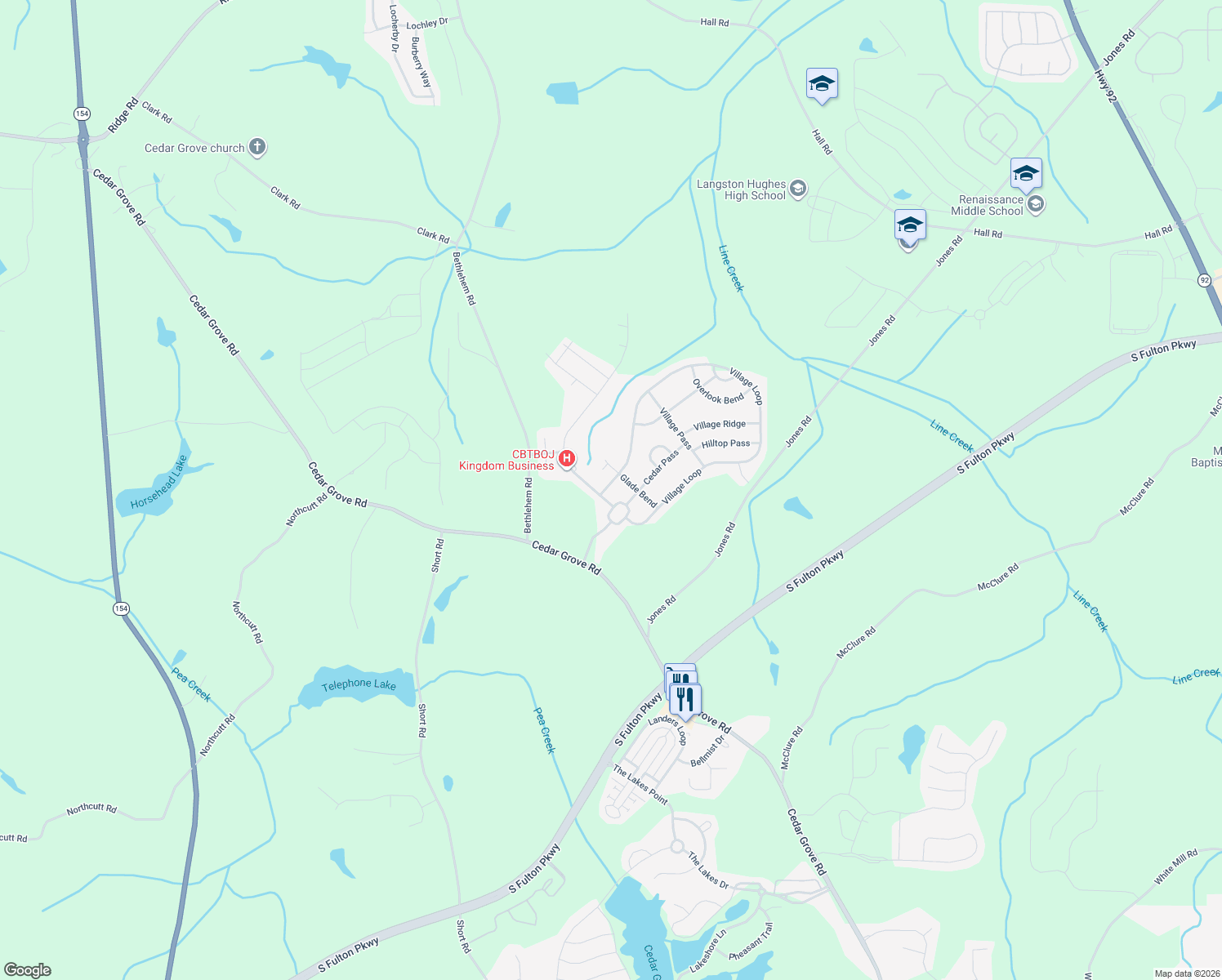 map of restaurants, bars, coffee shops, grocery stores, and more near 5894 Village Loop in Fairburn