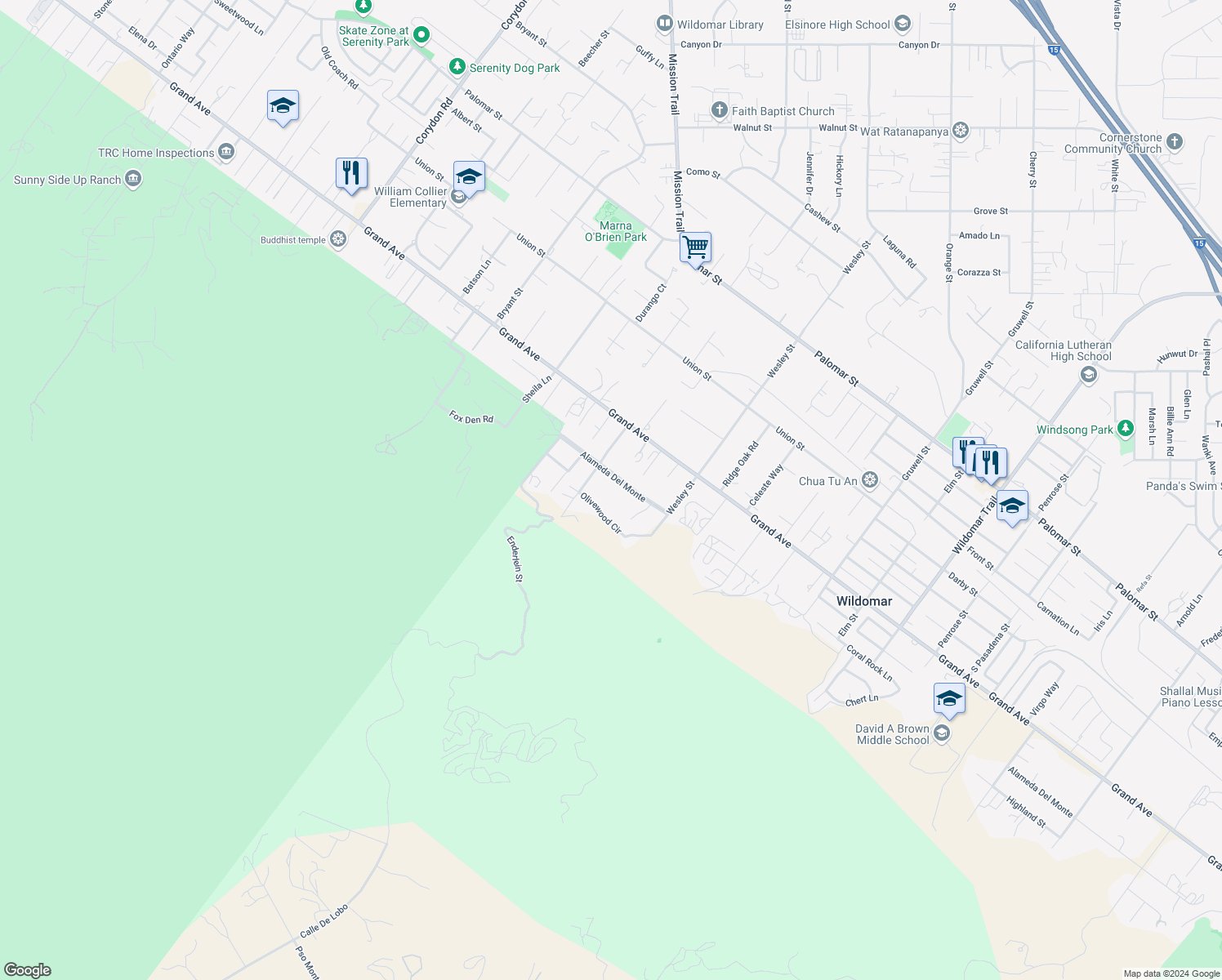 map of restaurants, bars, coffee shops, grocery stores, and more near 20787 Alameda Del Monte in Lake Elsinore