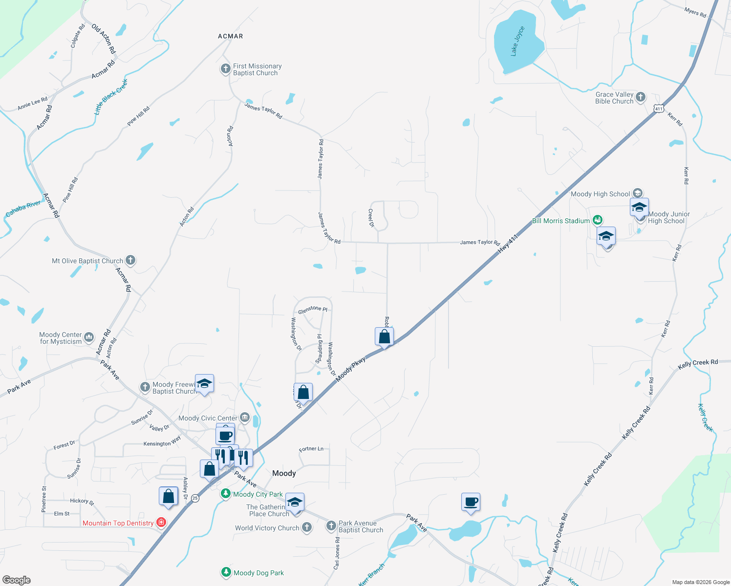 map of restaurants, bars, coffee shops, grocery stores, and more near 3311 Byars Drive in Moody