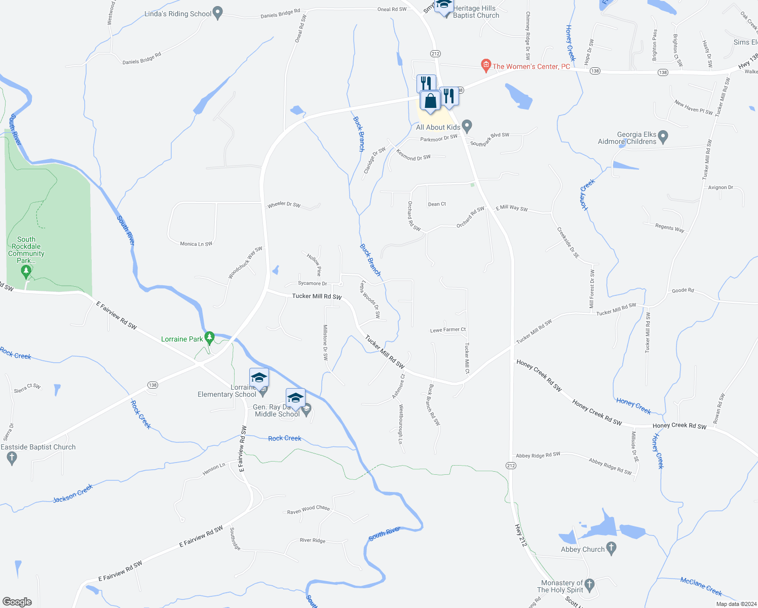 map of restaurants, bars, coffee shops, grocery stores, and more near 3206 Letha Woods Drive Southwest in Conyers