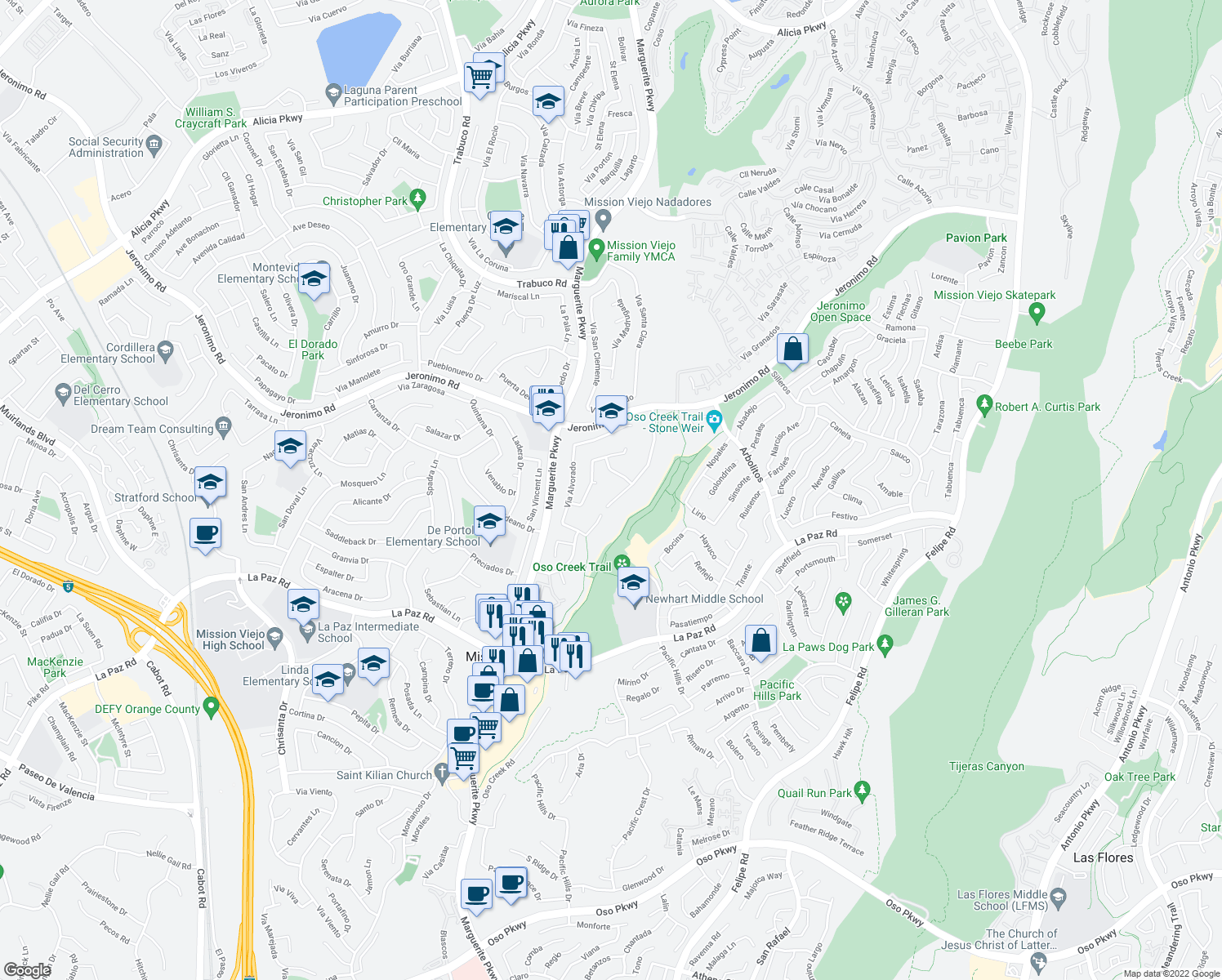 map of restaurants, bars, coffee shops, grocery stores, and more near 23431 Via Guadix in Mission Viejo