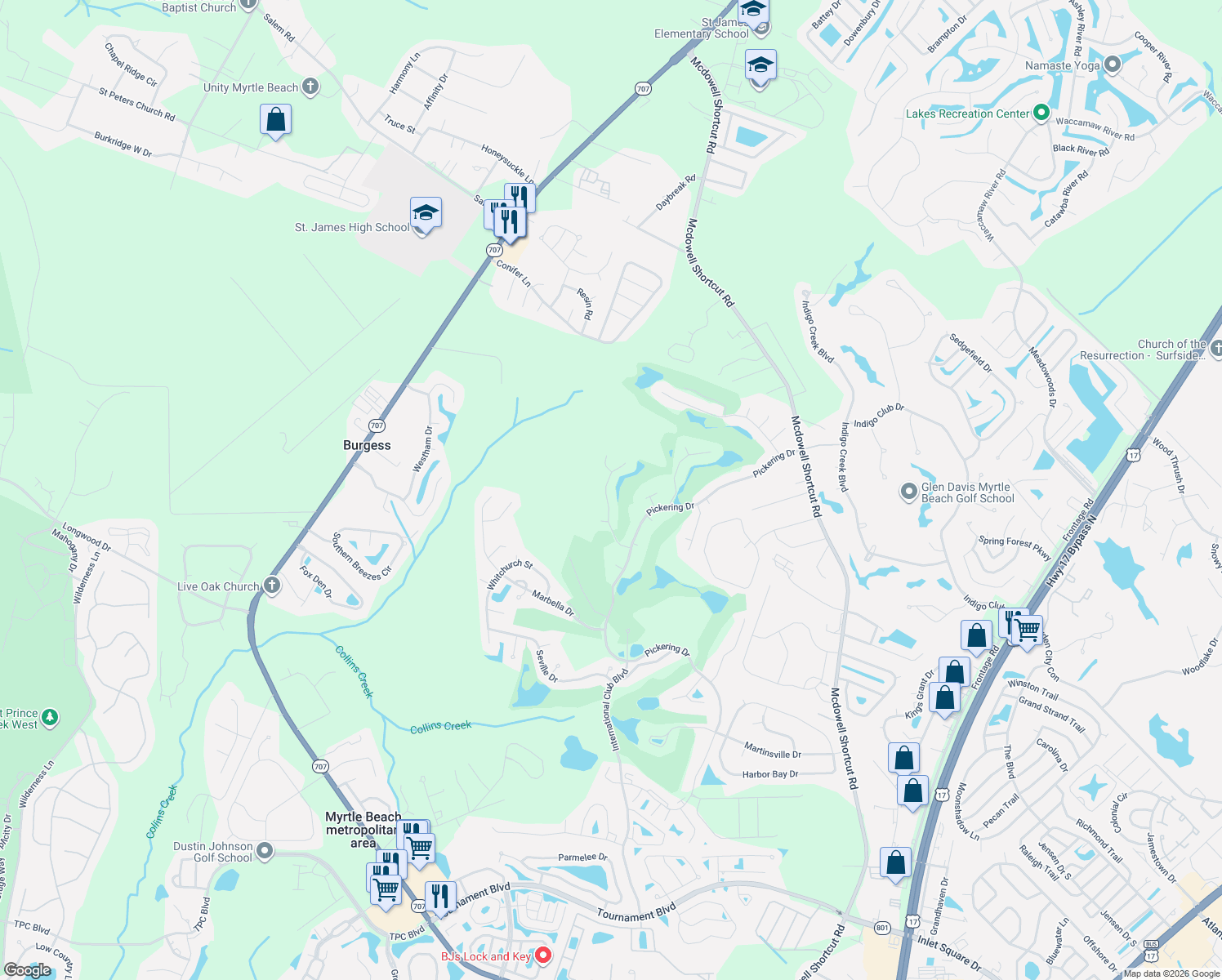map of restaurants, bars, coffee shops, grocery stores, and more near 854 Castlebridge Drive in Murrells Inlet