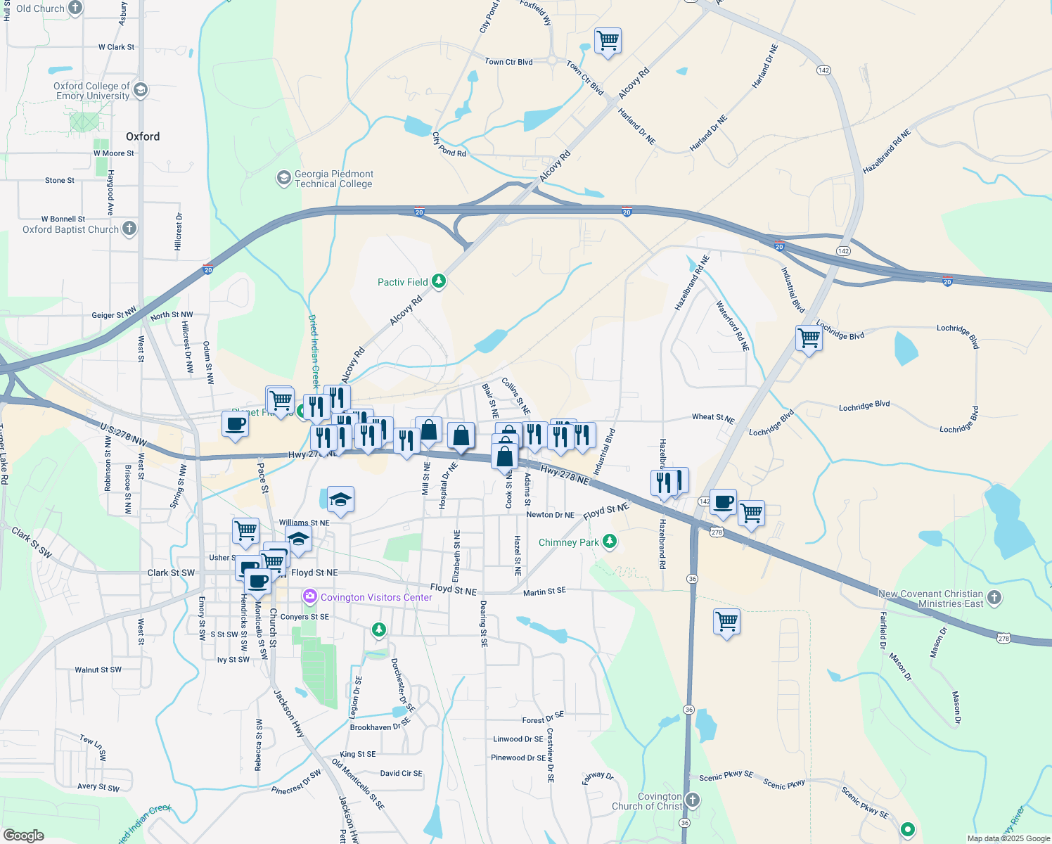 map of restaurants, bars, coffee shops, grocery stores, and more near 6238 Collins Street Northeast in Covington