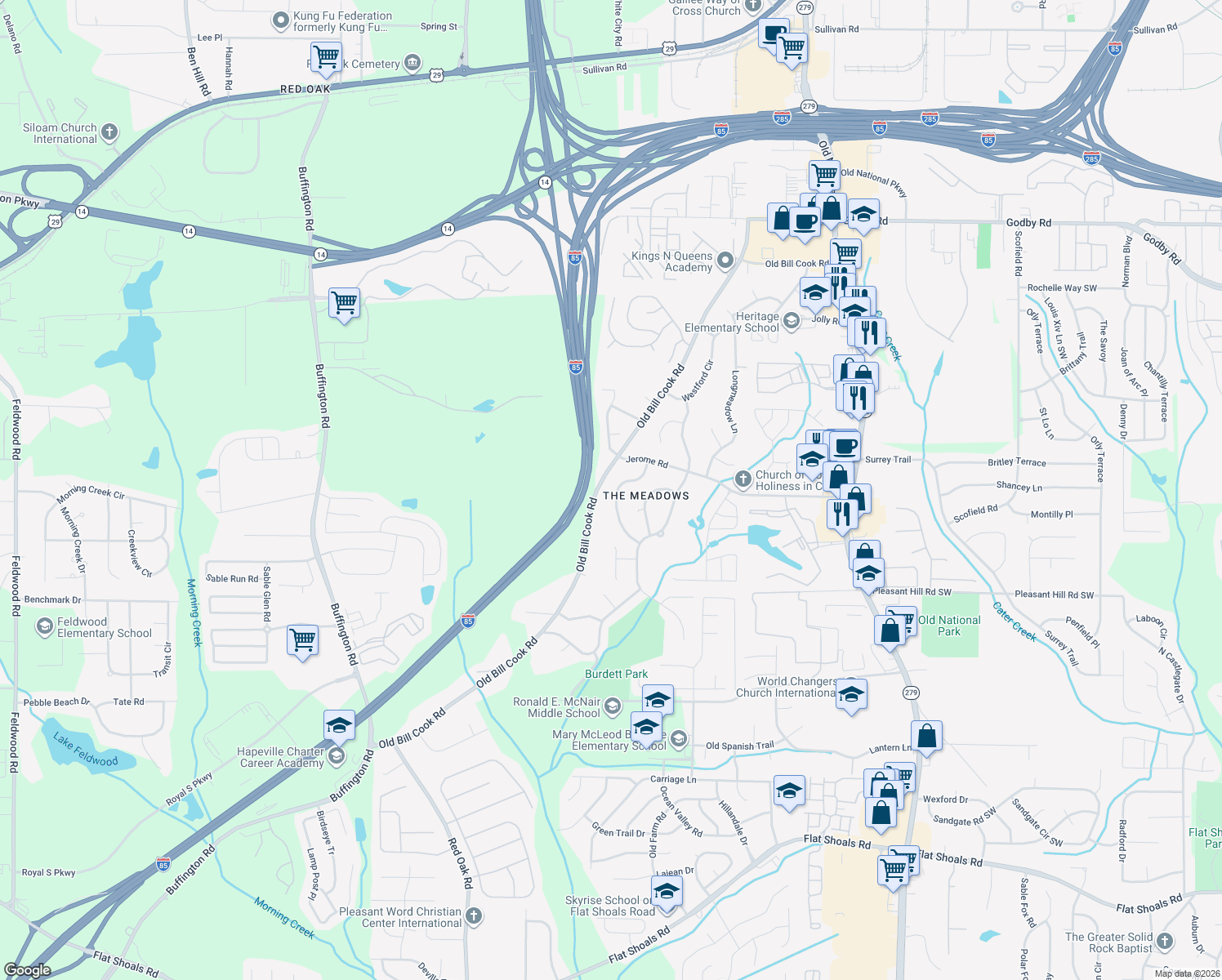 map of restaurants, bars, coffee shops, grocery stores, and more near 5557 Sturbridge Way in Atlanta