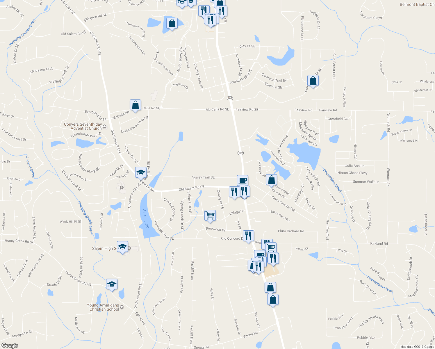 map of restaurants, bars, coffee shops, grocery stores, and more near 2138 Surrey Trail Southeast in Conyers