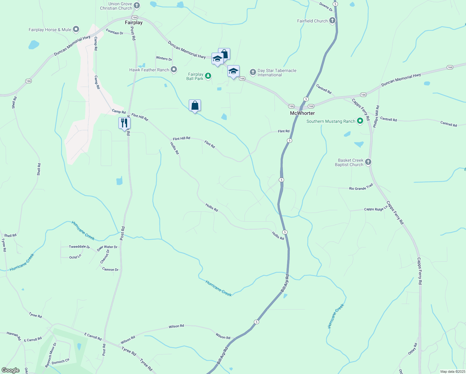 map of restaurants, bars, coffee shops, grocery stores, and more near 7404 Big Creek Drive in Douglasville