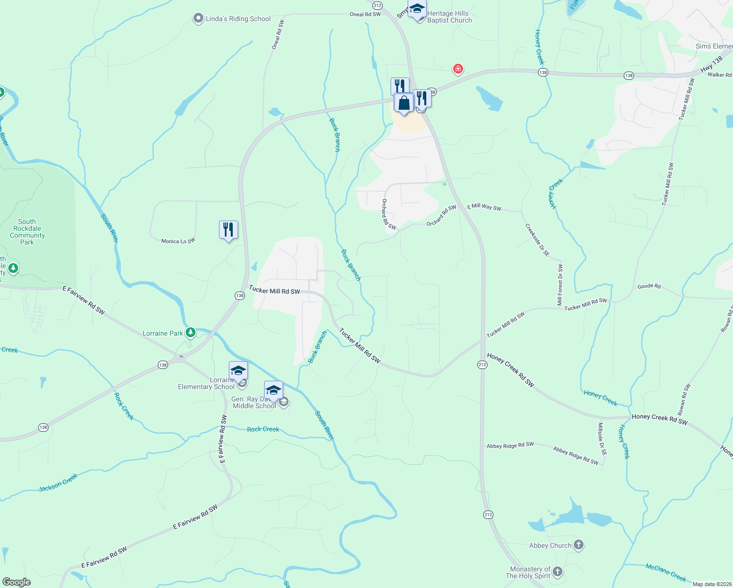 map of restaurants, bars, coffee shops, grocery stores, and more near 3206 Letha Woods Drive Southwest in Conyers