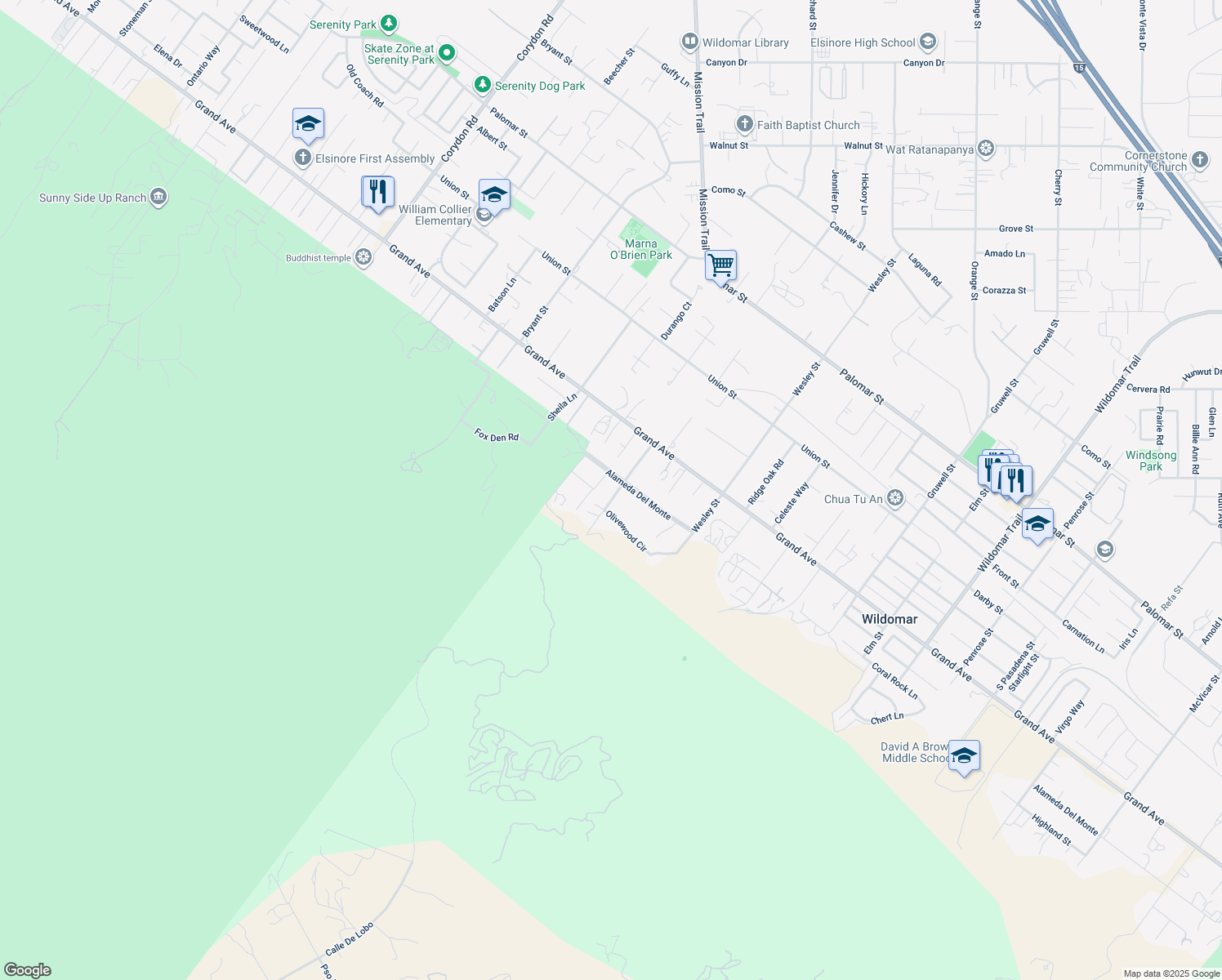 map of restaurants, bars, coffee shops, grocery stores, and more near 33213 Hixon Street in Wildomar