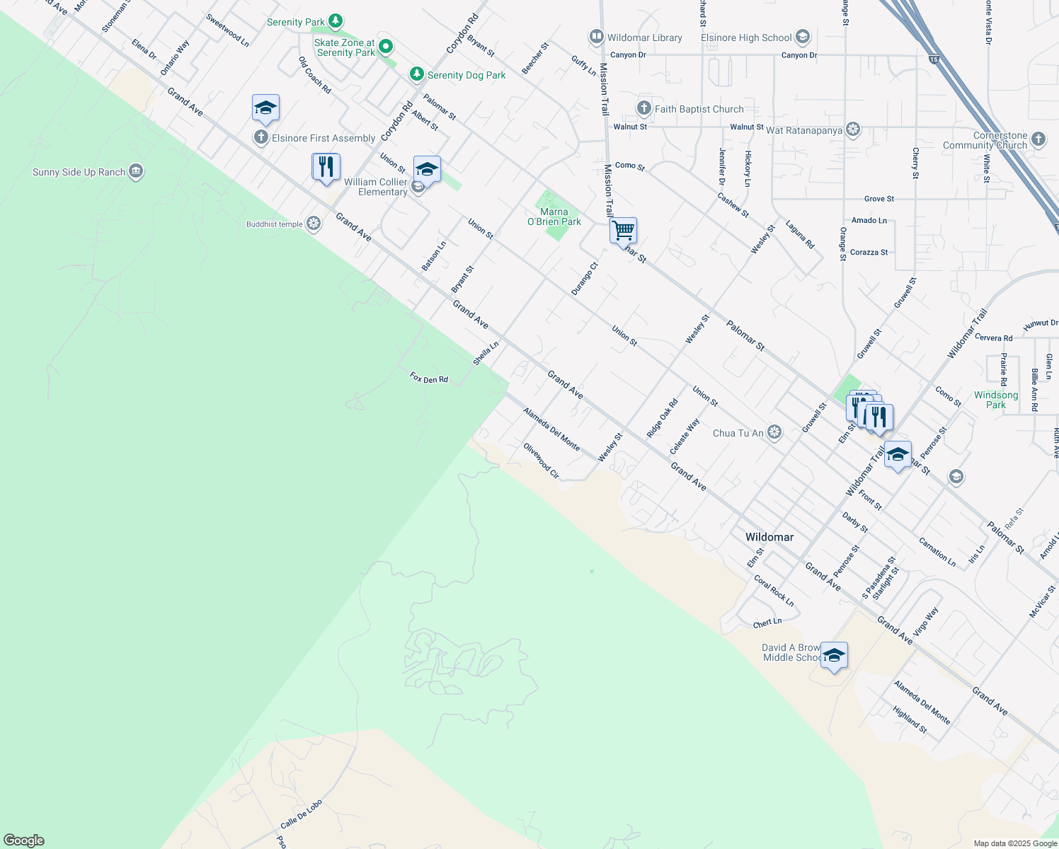 map of restaurants, bars, coffee shops, grocery stores, and more near 33213 Hixon Street in Wildomar