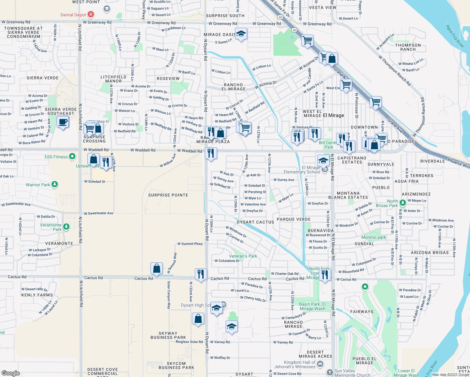 map of restaurants, bars, coffee shops, grocery stores, and more near 12905 West Soledad Street in El Mirage